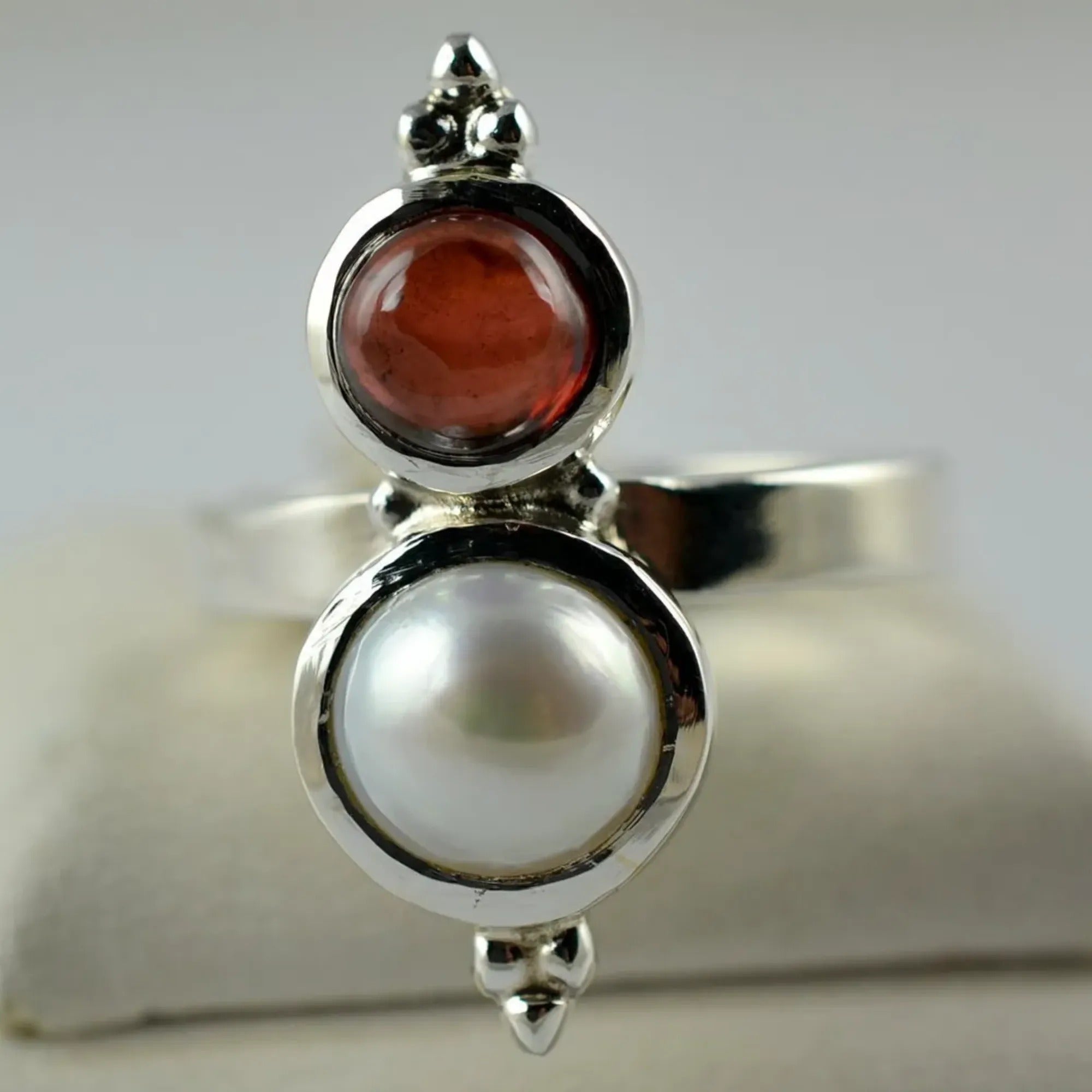 Freshwater Pearl and Garnet 925 Sterling Silver Handmade Ring - Boho June Birthstone Jewelry - Perfect Gift for Her Birthday Anniversary Christmas Valentine Day