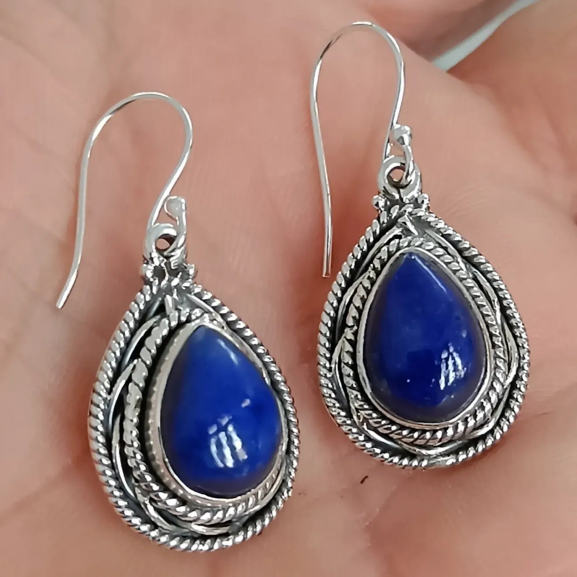 Lapis Lazuli 925 Sterling Silver Handmade Earrings - Natural Blue Pear Shape Gemstone Boho September Birthstone Jewelry - Perfect Gift for Her Birthday Anniversary Christmas Valentine Day