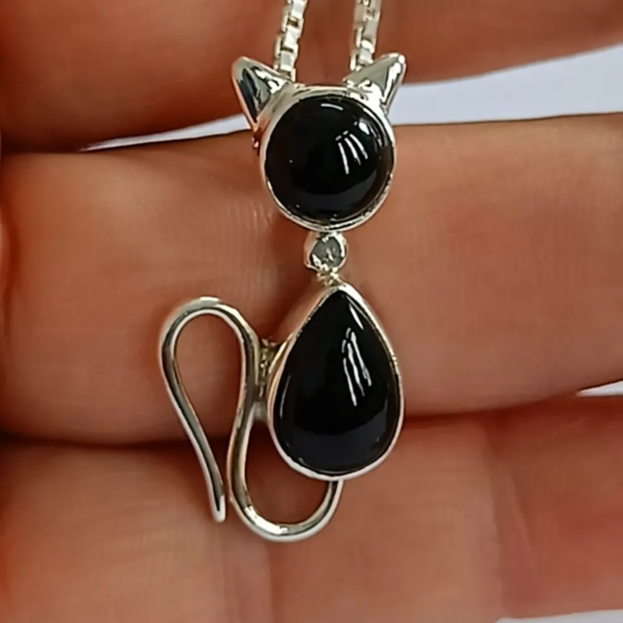 Navya Craft Black Onyx 925 Sterling Silver Handmade Cat Design Pendant Chain Necklace length 16 to 24 Inches Gift Her Anniversary Birthday Valentine's Day