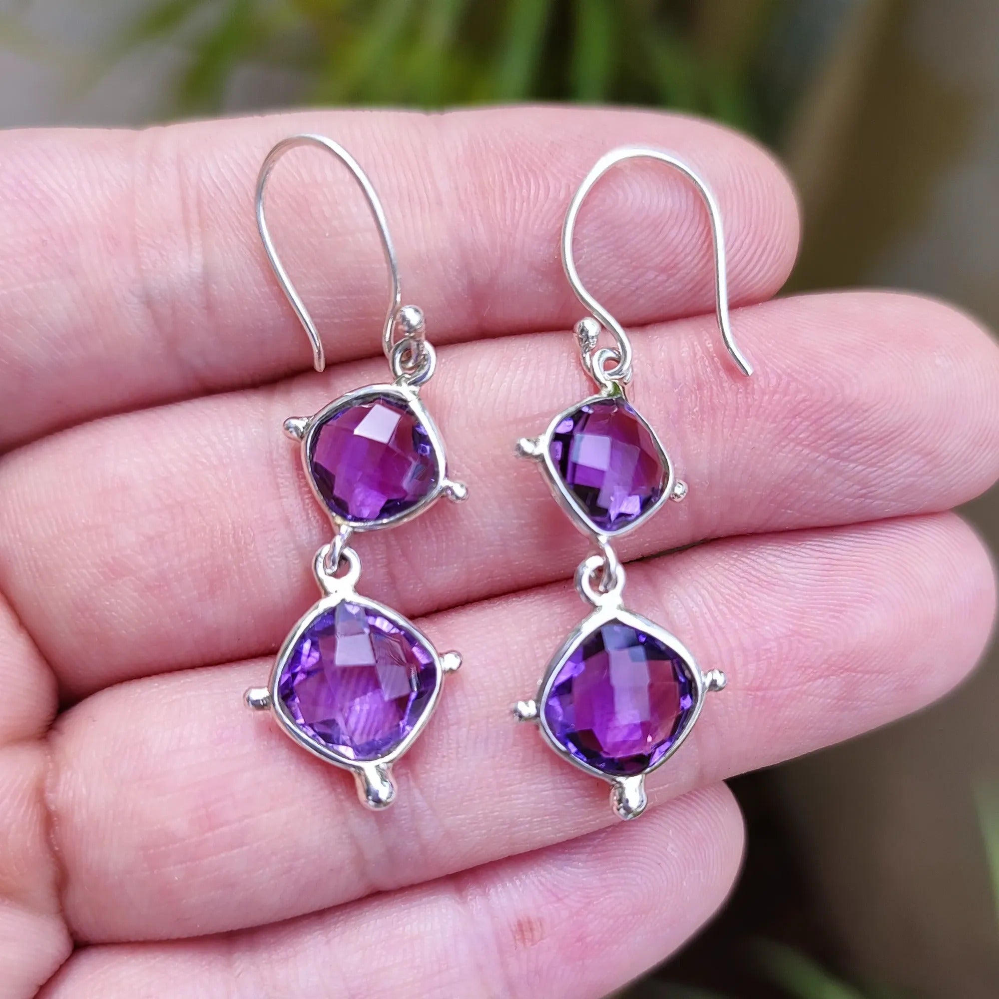 Amethyst Dangle Earrings, 925 Sterling Silver Handmade Earrings, Natural Purple Gemstone Cushion Briolette Earrings, Gift for Her