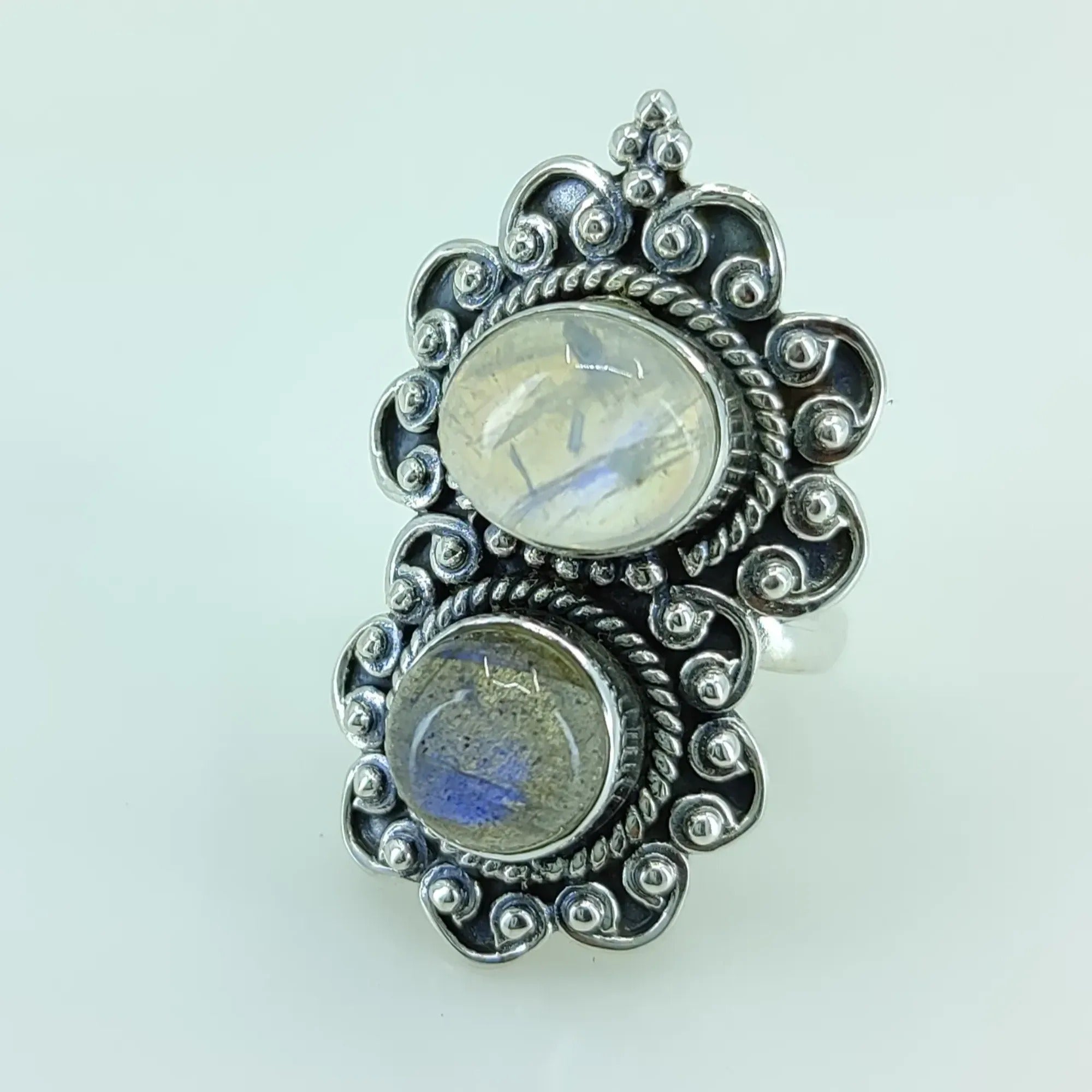 Rainbow Moonstone and Labradorite 925 Sterling Silver Handmade Ring - Boho June Birthstone Jewelry - Perfect Gift for Her Birthday Anniversary Christmas Valentine Day