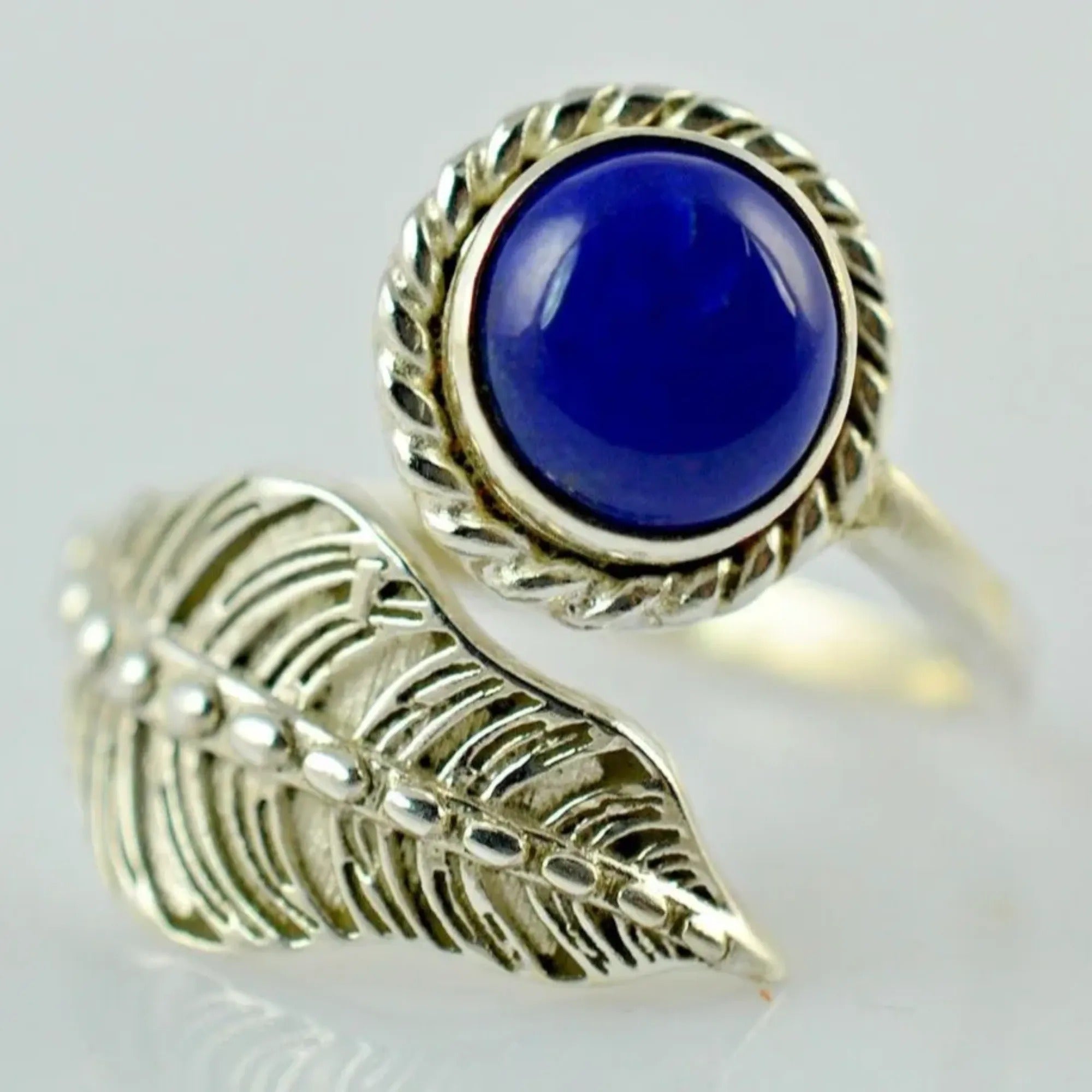 Lapis Lazuli 925 Sterling Silver Handmade Leaf Ring - Natural Blue round Shape Gemstone Boho September Birthstone Jewelry - Perfect Gift for Her Birthday Anniversary Christmas Valentine Day