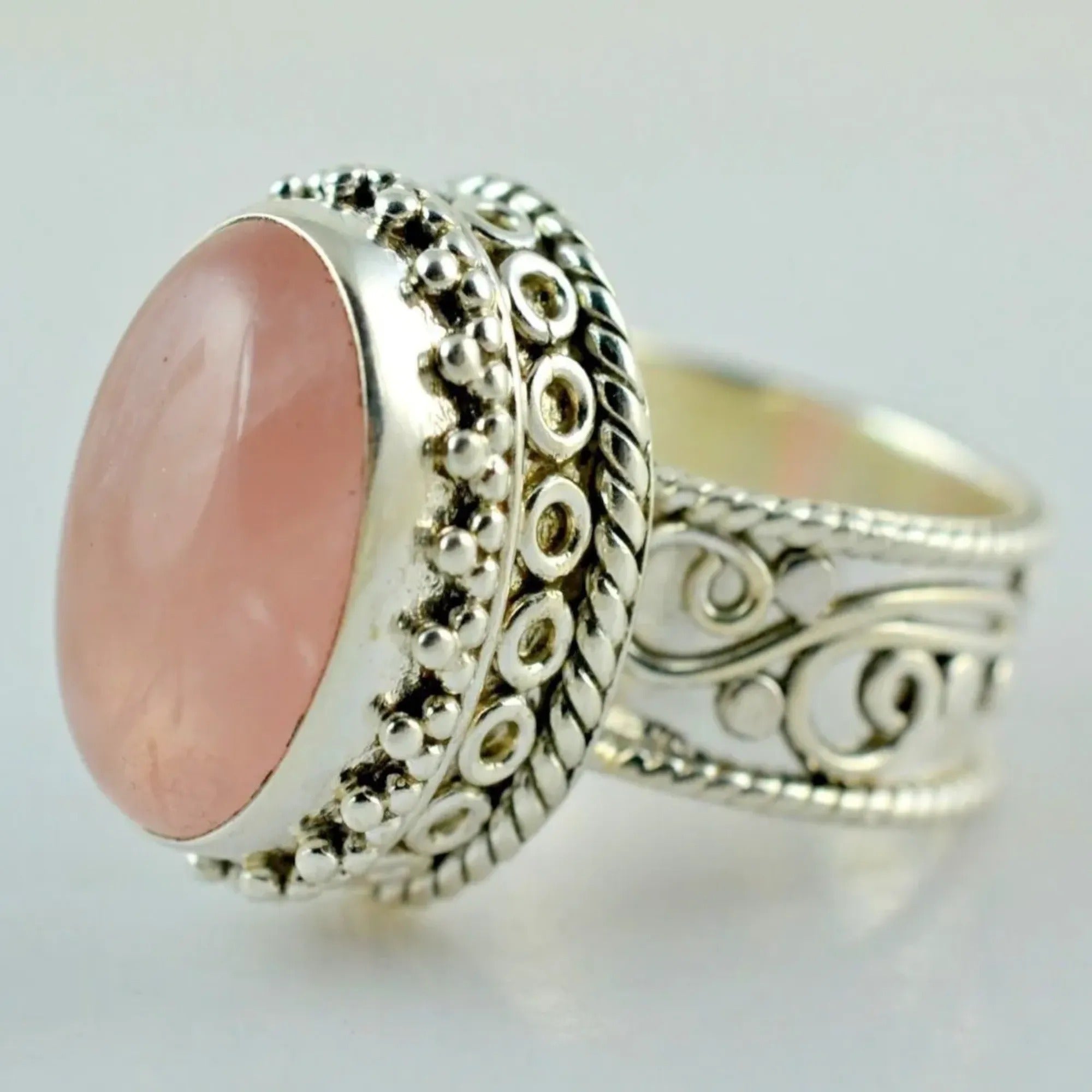 Rose Quartz Oval 925 Sterling Silver Handmade Ring - Boho January Birthstone Jewelry - Perfect Gift for Her Birthday Anniversary Christmas Valentine Day