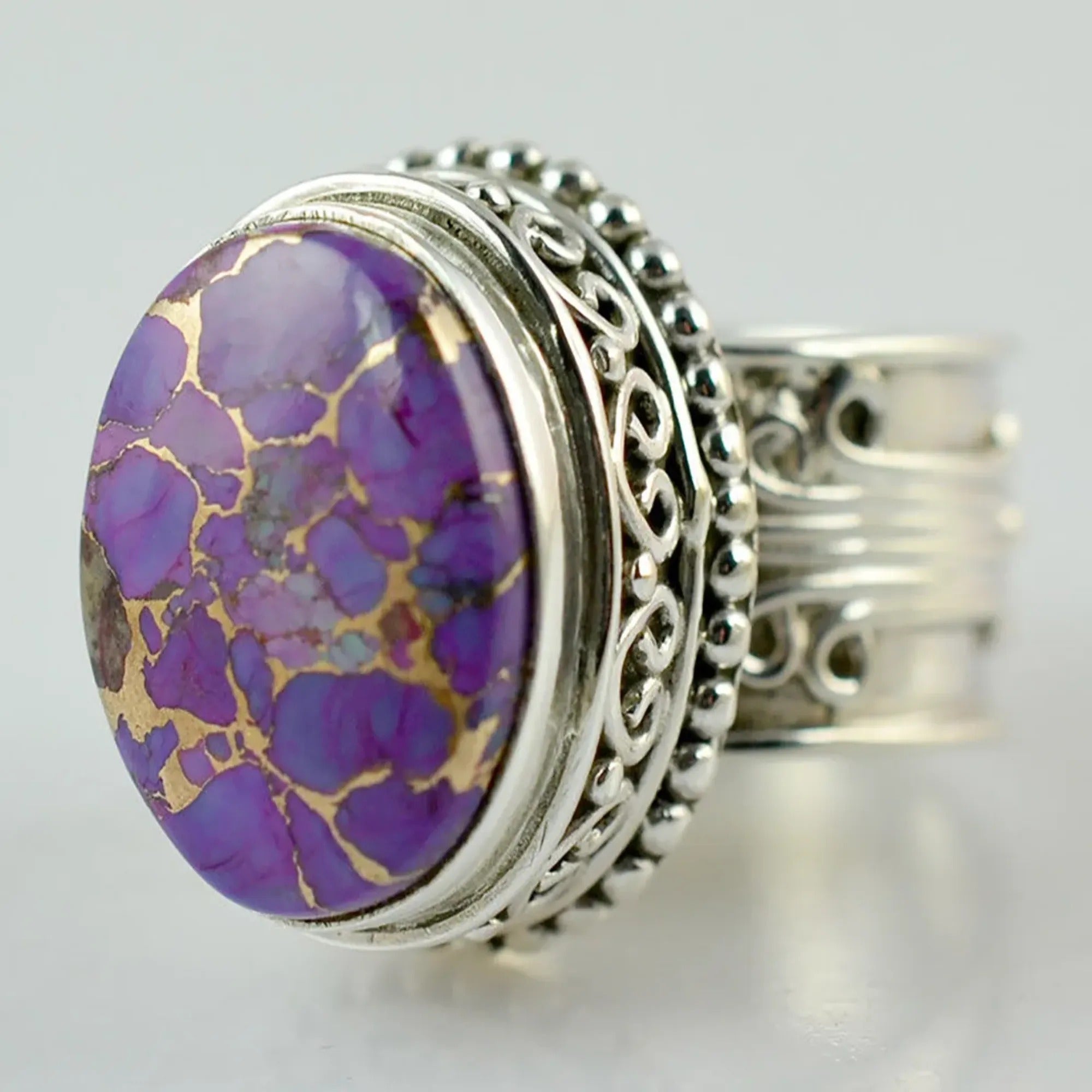 Purple Copper Turquoise oval Shape 925 Sterling Silver Handmade Ring - Boho December Birthstone Jewelry - Perfect Gift for Her Birthday Anniversary Christmas Valentine Day