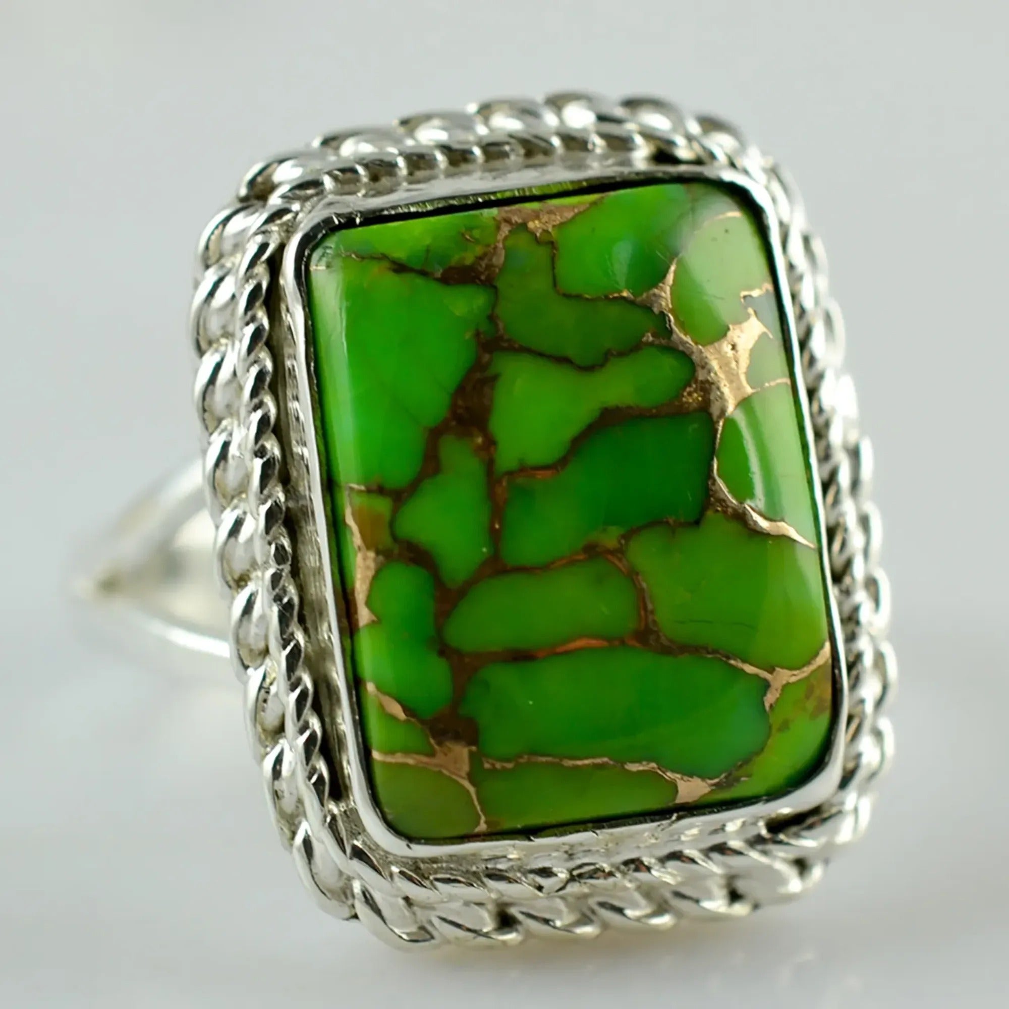 Green Copper Turquoise Cushion 925 Sterling Silver Handmade Ring - Boho December Birthstone Jewelry - Perfect Gift for Her Birthday Anniversary Christmas Valentine Day