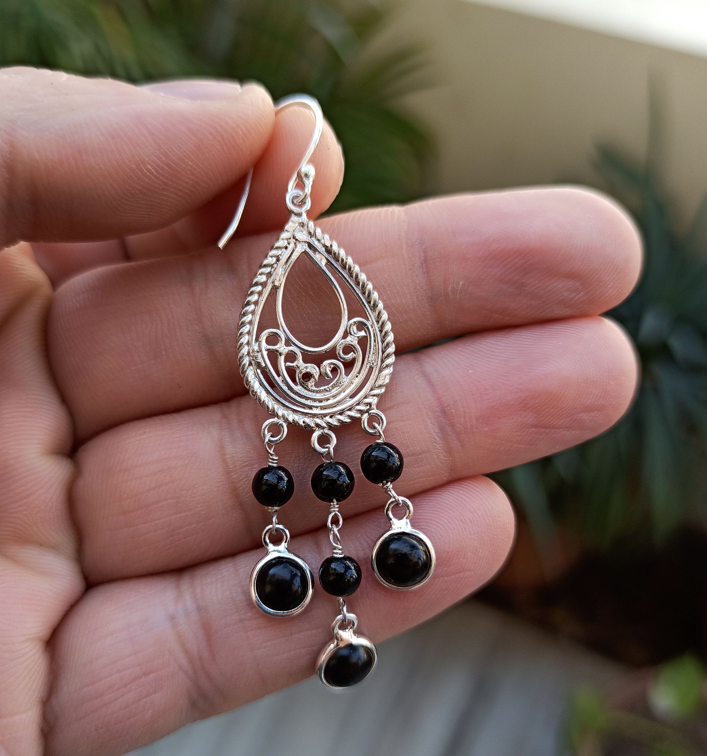Black Onyx 925 Sterling Silver Handmade Dangle Drop Earrings, Gift for Her, Gemstone Earrings, Christmas Gift