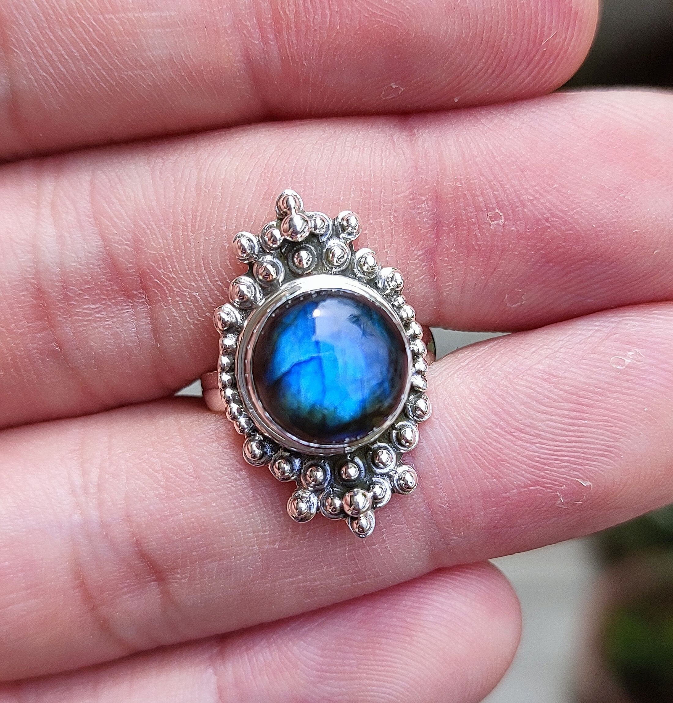 Natural Labradorite Round Sterling Silver Handmade Women Statement Ring, Labradorite Gemstone Silver Ring, Gift for her, Boho Silver Ring,
