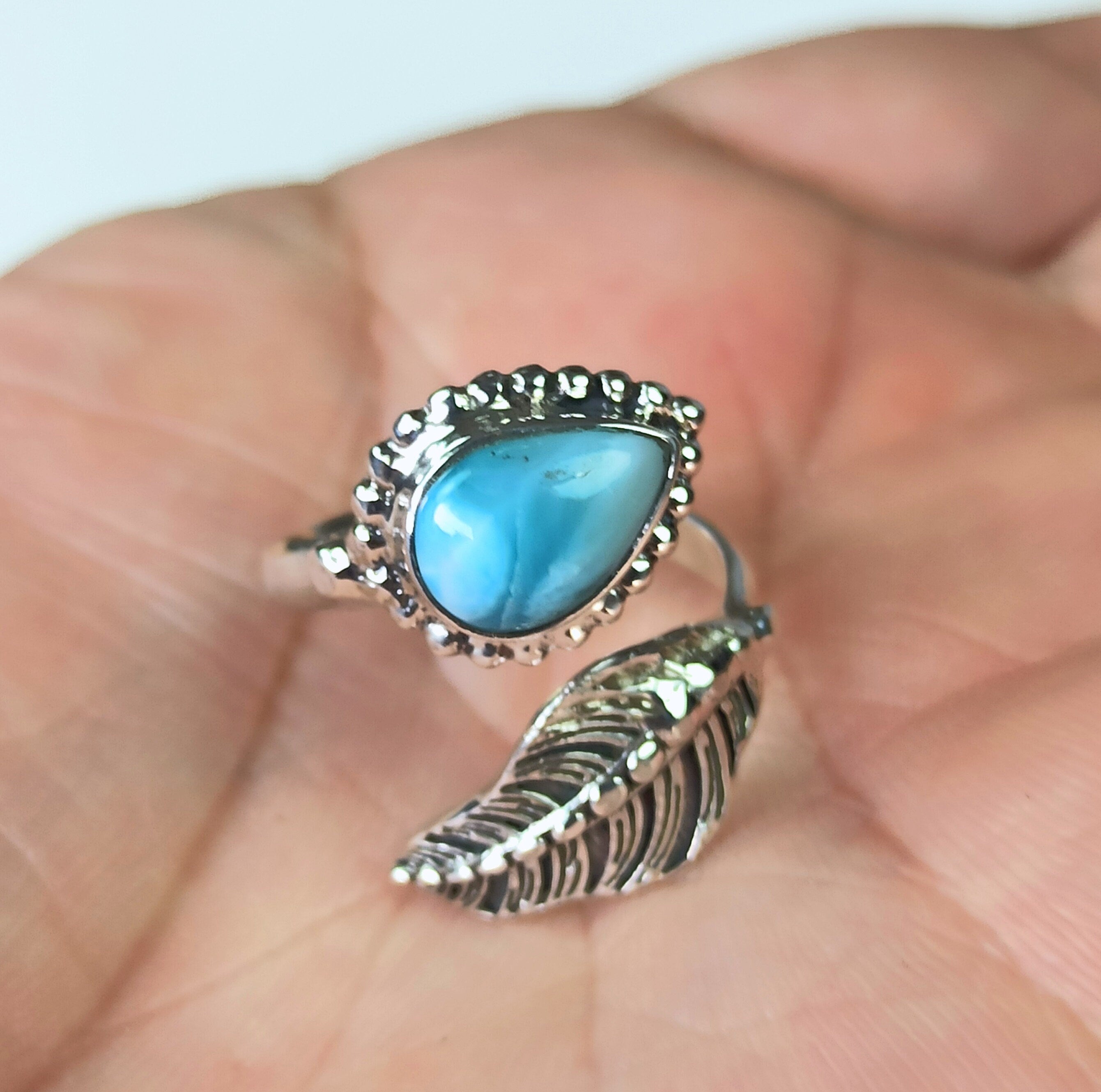 Natural Larimar 925 Sterling Silver Handmade Statement Ring, Blue Gemstone, Silver Ring, Gift for her, Larimar Ring, Boho Hippie Jewelry