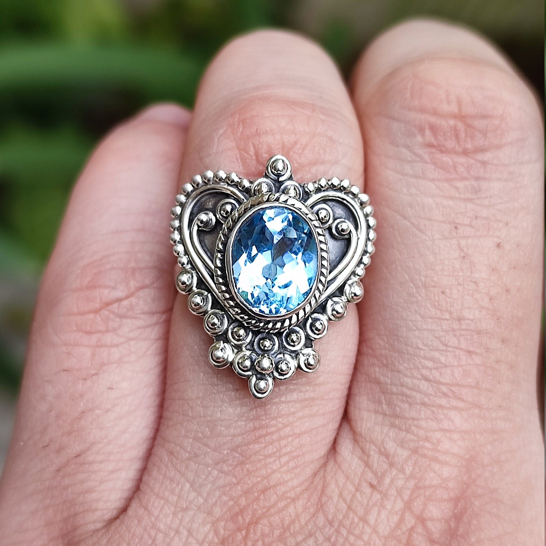 Blue Topaz Ring, Handmade 925 Sterling Silver Heartshape Promise Ring, Natural Oval Gemstone Jewelry, December Birthstone, Gift for Her