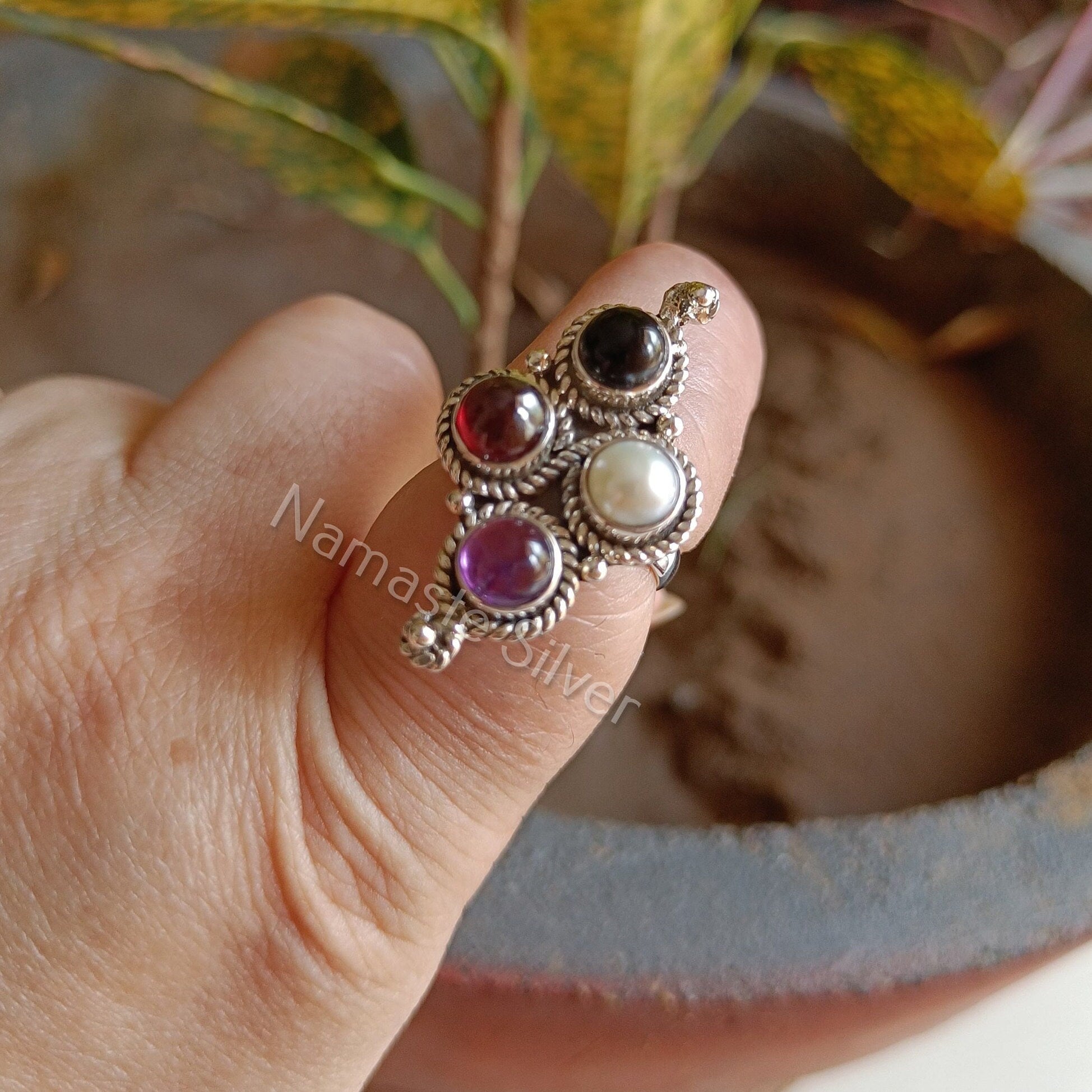 Garnet, Amethyst, Pearl, Black Onyx Sterling Silver Handmade Women Statement Ring, Multi Gemstone Cocktail Silver Ring, Ring For Her