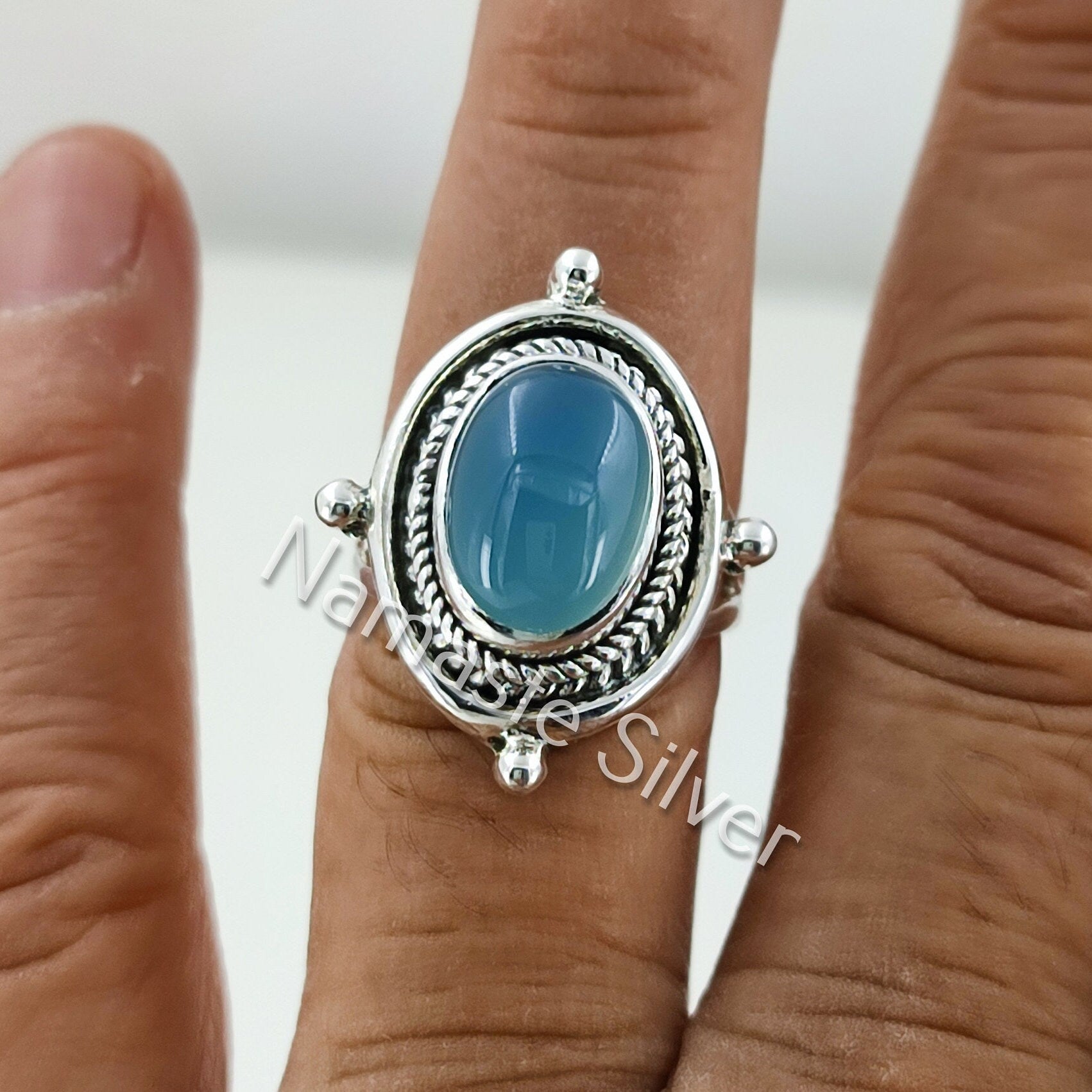 Chalcedony Ring, 925 Sterling Silver Handmade Statement Ring, Natural Aqua Chalcedony Oval Gemstone Boho Jewelry, Birthstone Gift for her