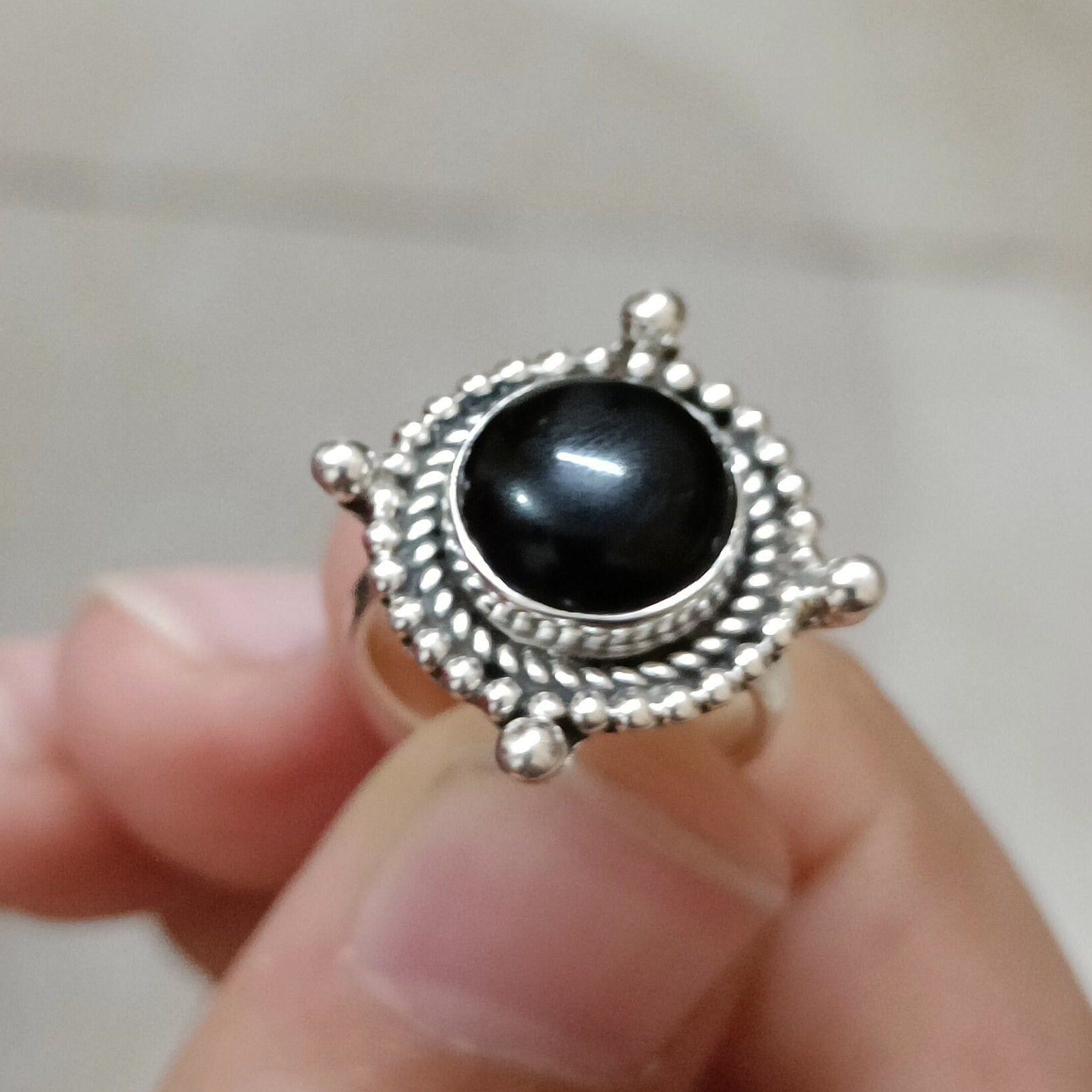 Natural Black Onyx Round 925 Sterling Silver Handmade Statement Women Ring, Black Onyx Silver Ring, Black Gemstone Boho Ring, Gift for Her
