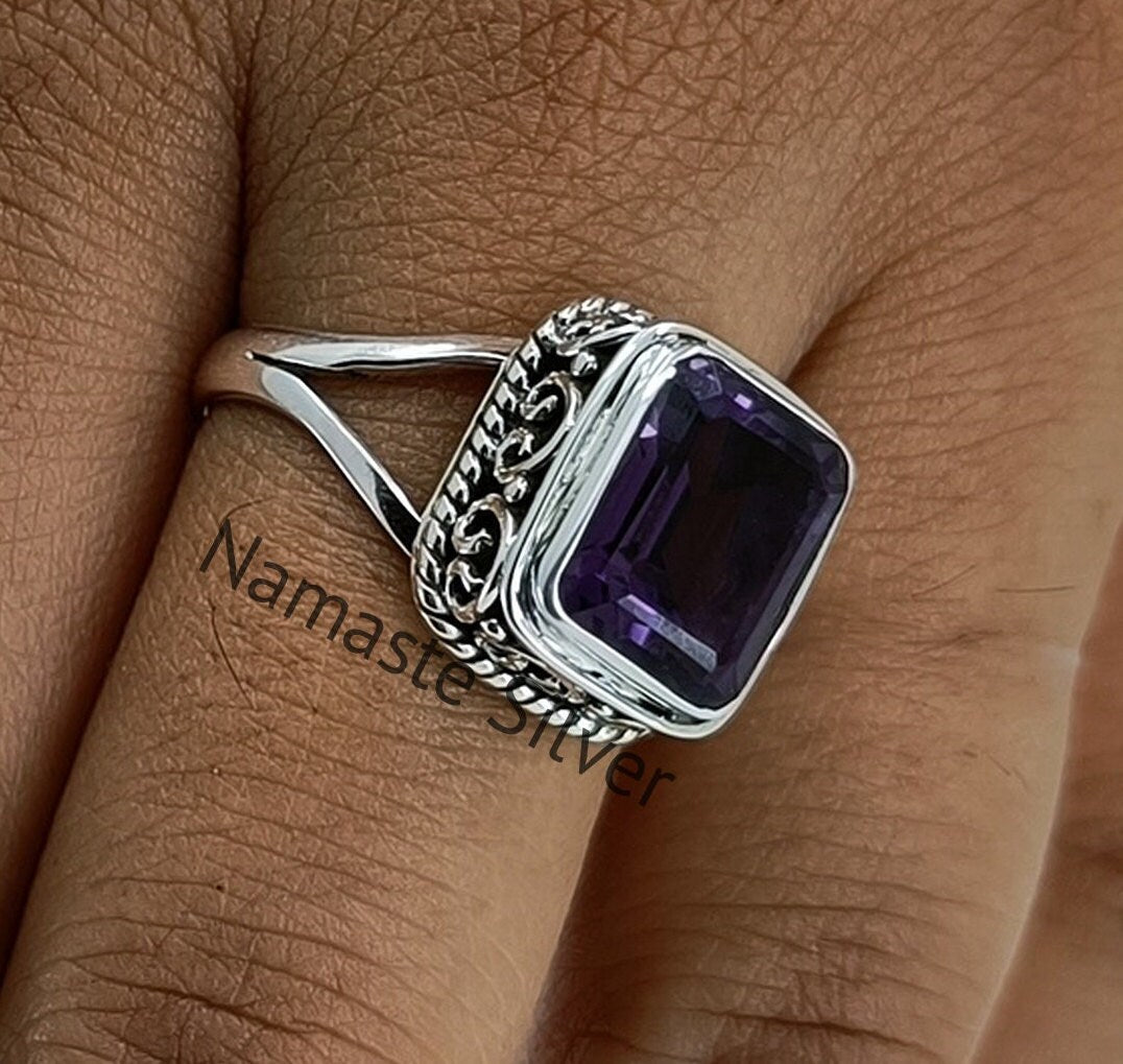 Natural Amethyst Octagon 925 Sterling Silver Handmade Women Ring, Purple Gemstone Ring, February Birthstone Ring, Boho Style, Gift for Her