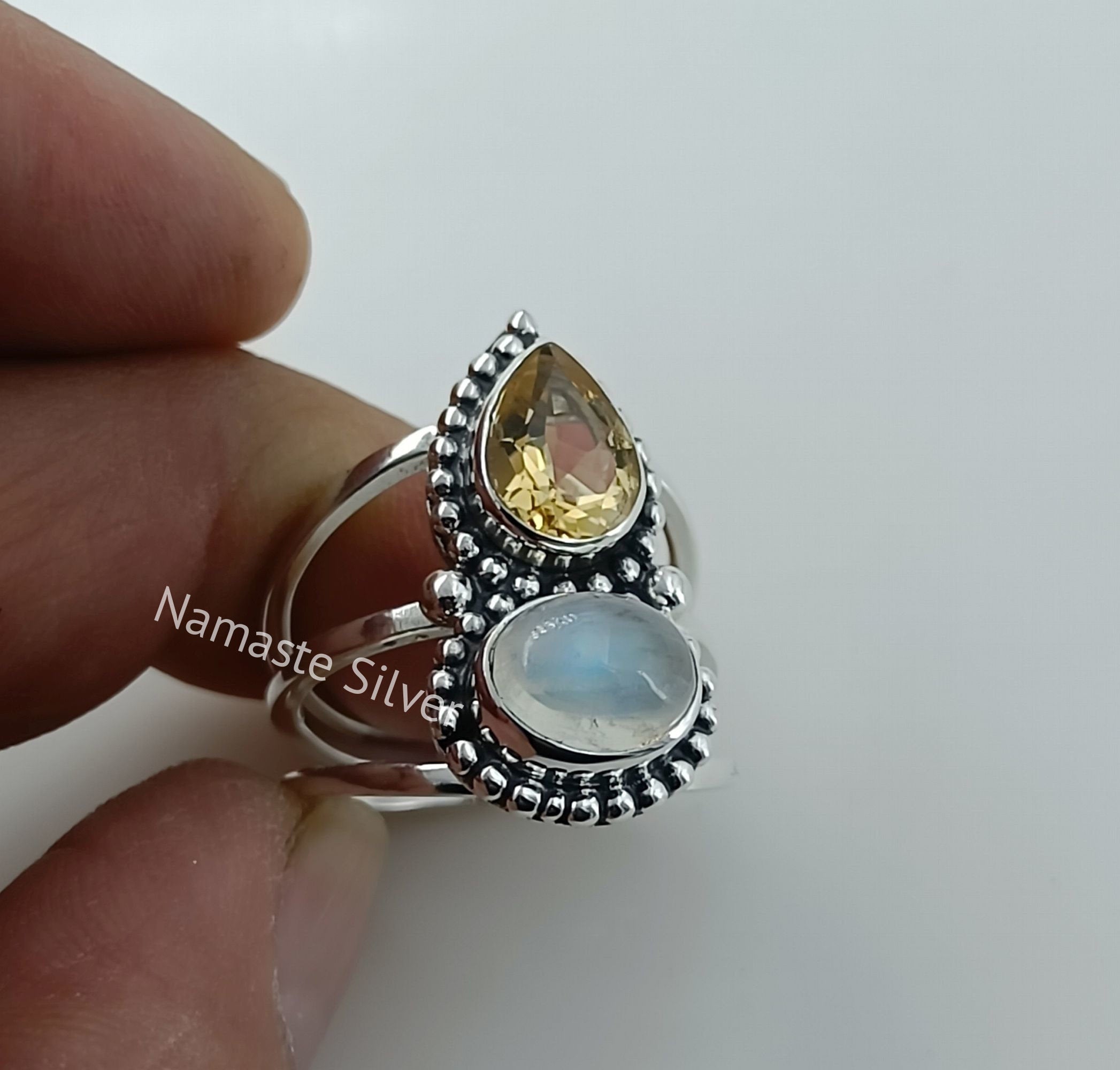 Natural Citrine, Rainbow Moonstone 925 Sterling Silver Handmade Statement Women Ring, Citrine Silver Ring, November Birthstone Ring