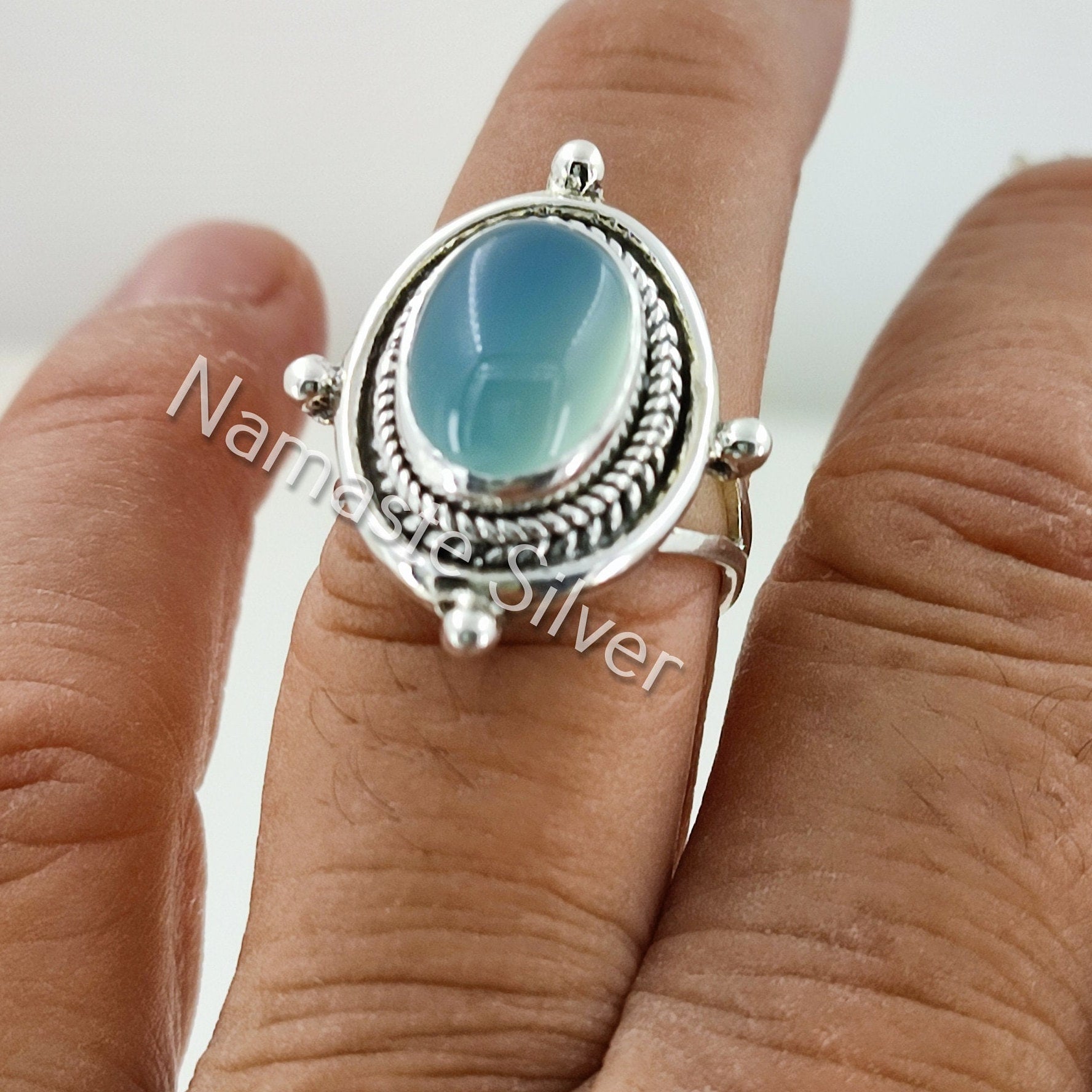Chalcedony Ring, 925 Sterling Silver Handmade Statement Ring, Natural Aqua Chalcedony Oval Gemstone Boho Jewelry, Birthstone Gift for her