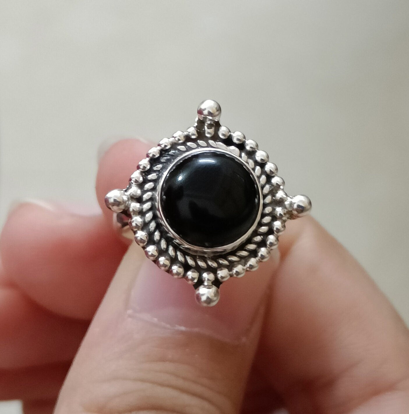 Natural Black Onyx Round 925 Sterling Silver Handmade Statement Women Ring, Black Onyx Silver Ring, Black Gemstone Boho Ring, Gift for Her