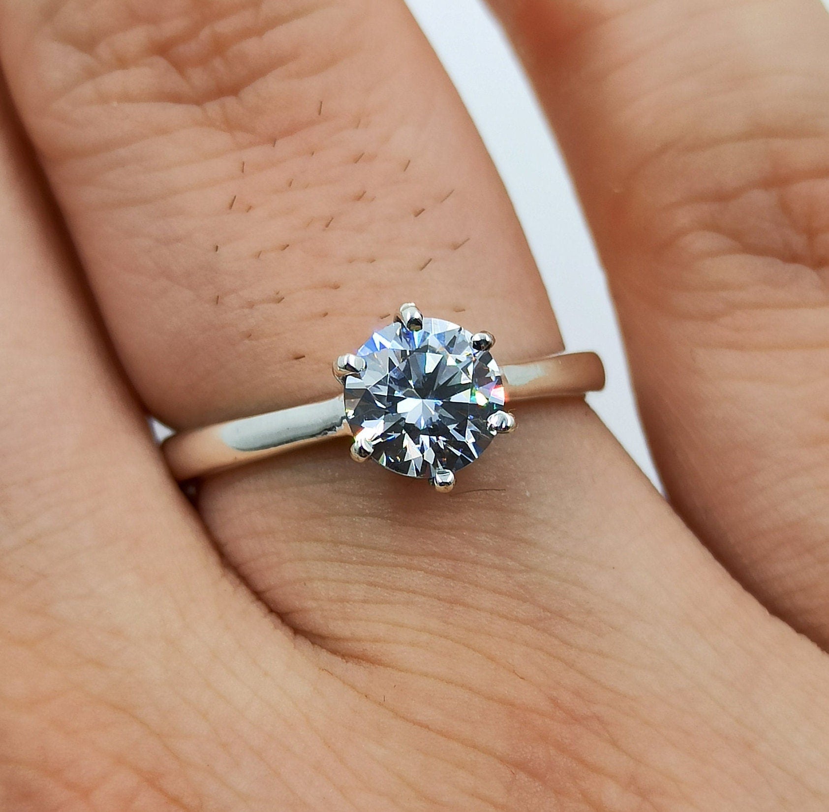Cubic Zirconia Ring, Six Prongs CZ Solitaire Ring, Sterling Silver Ring, Handmade Gift for Her Birthday Anniversary Bridesmaid Engagement