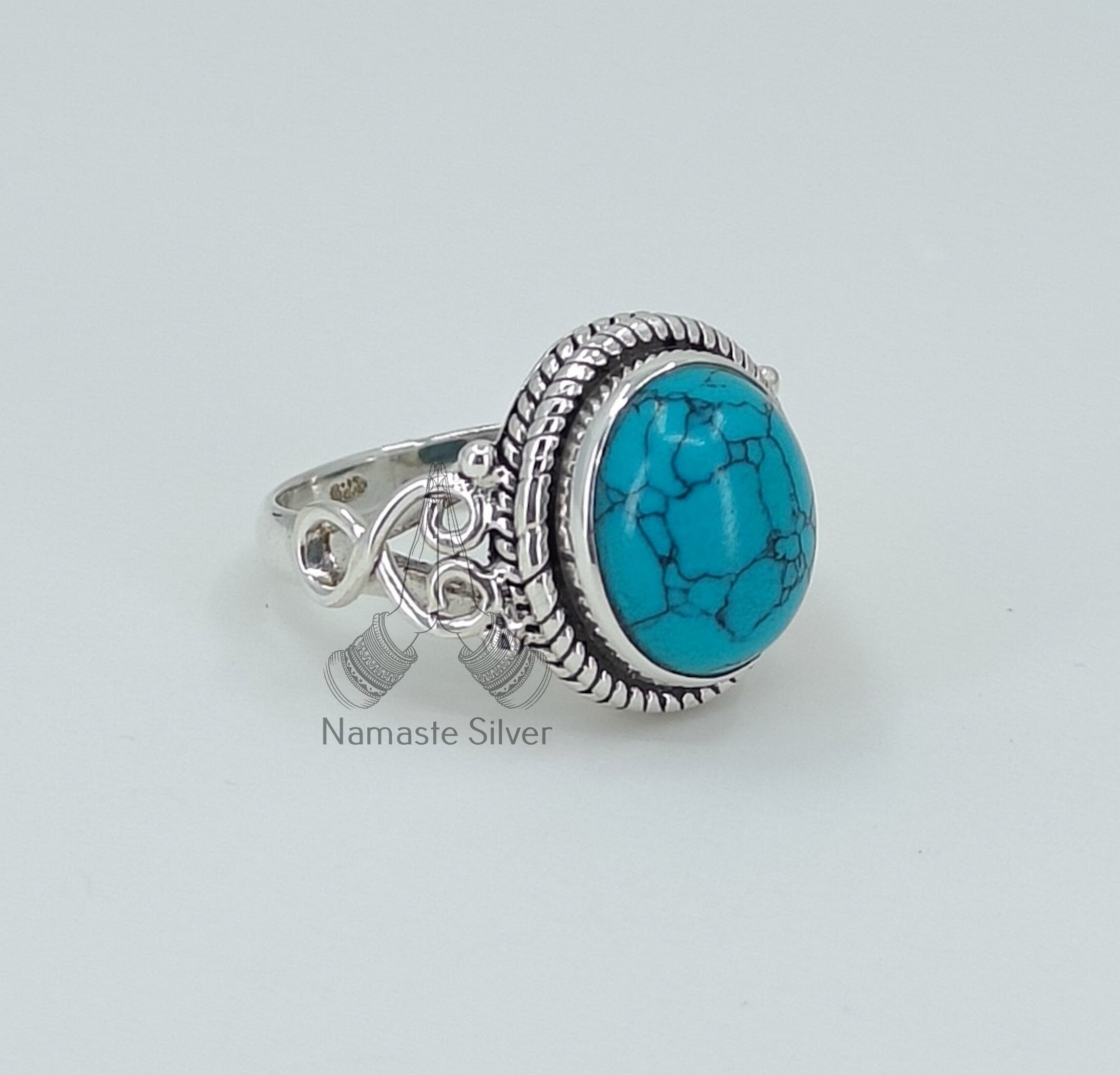 Turquoise Sterling Silver Ring, Handmade Boho Statement Gemstone Jewelry Gift for Her Anniversary Birthday Wedding Christmas Valentine's Day