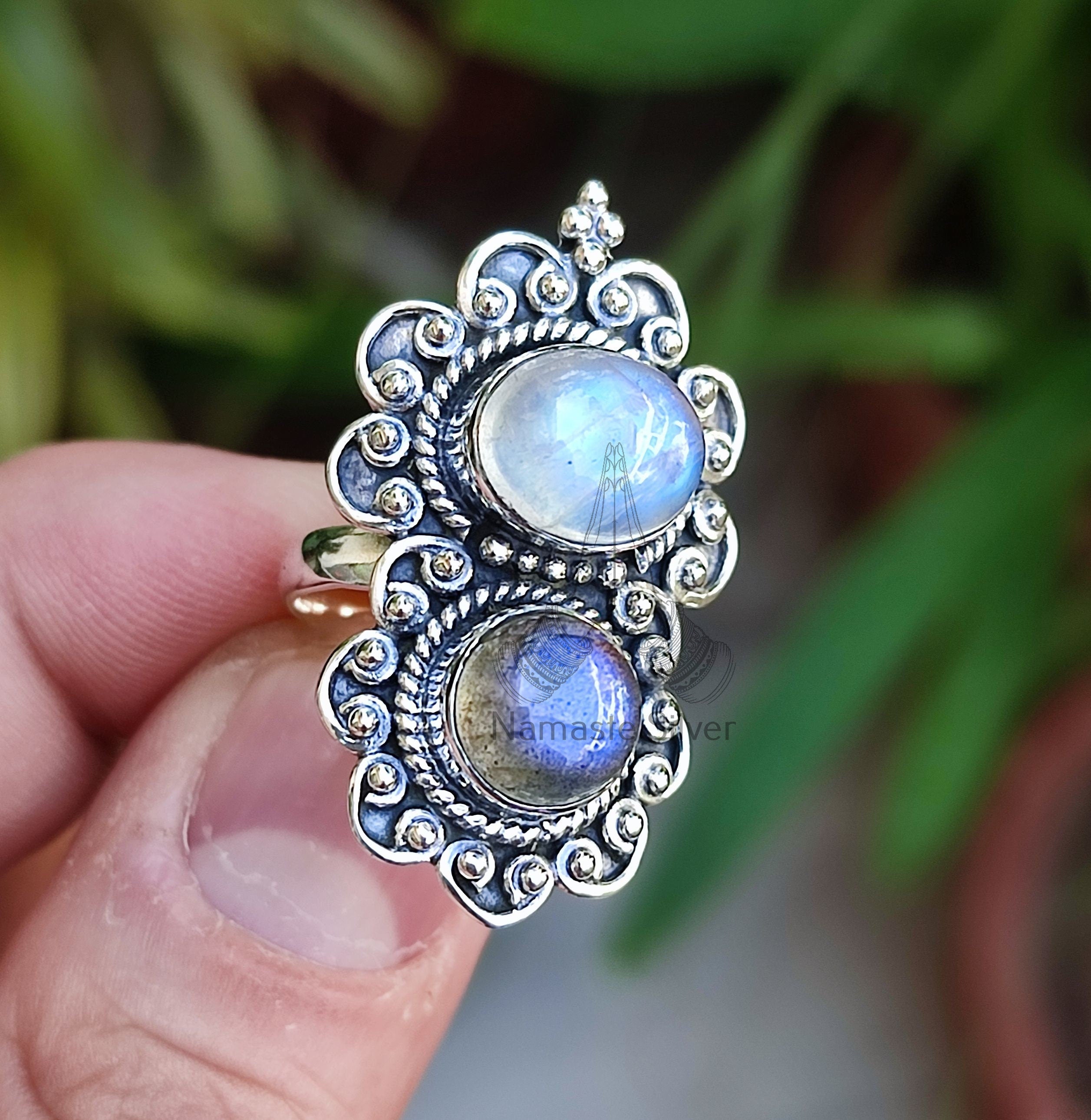Rainbow Moonstone and Labradorite Sterling Silver Handmade Classic Statement Women Ring, Dual Gemstone Silver Boho Ring, Gift for Her