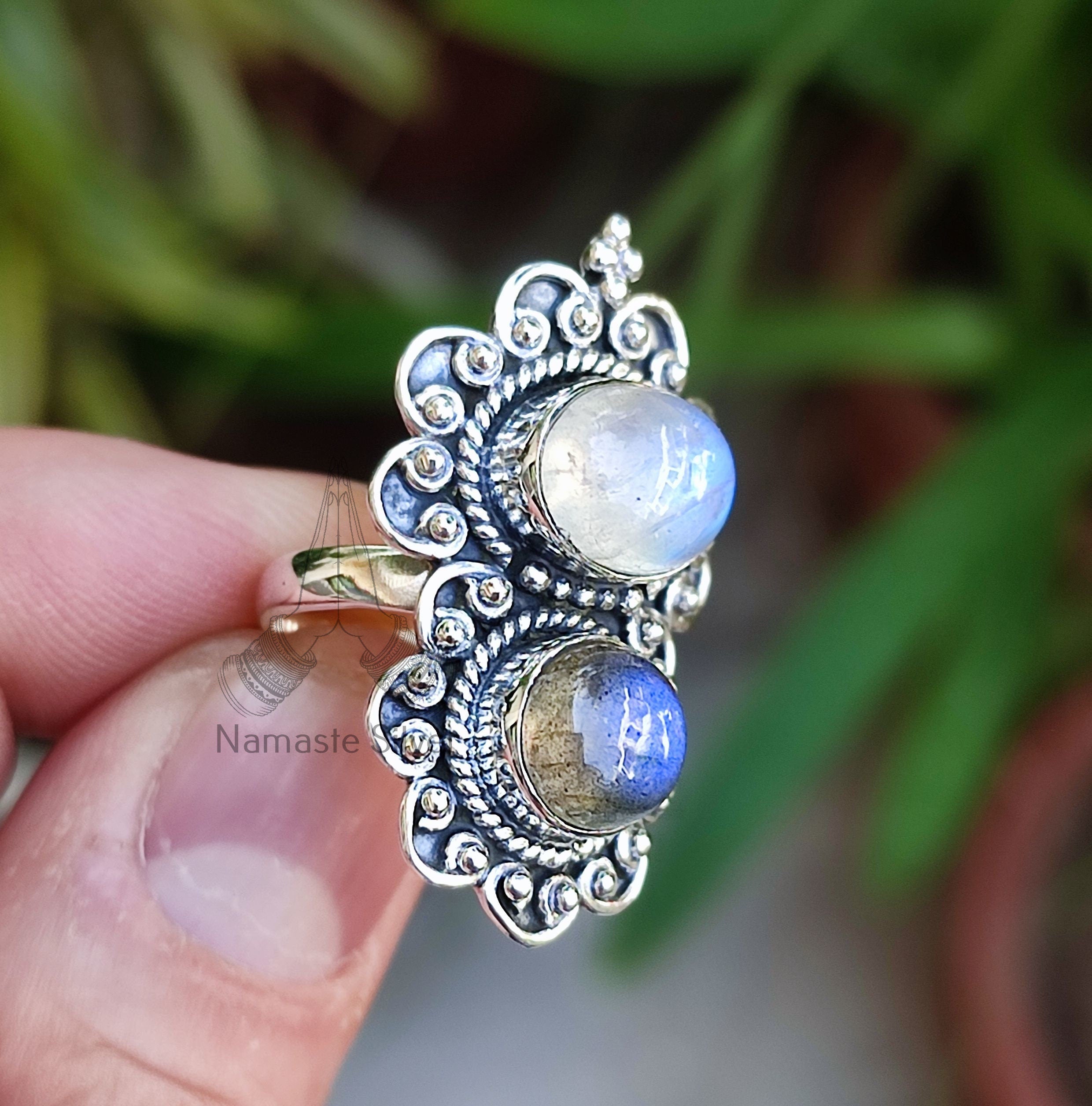 Rainbow Moonstone and Labradorite Sterling Silver Handmade Classic Statement Women Ring, Dual Gemstone Silver Boho Ring, Gift for Her