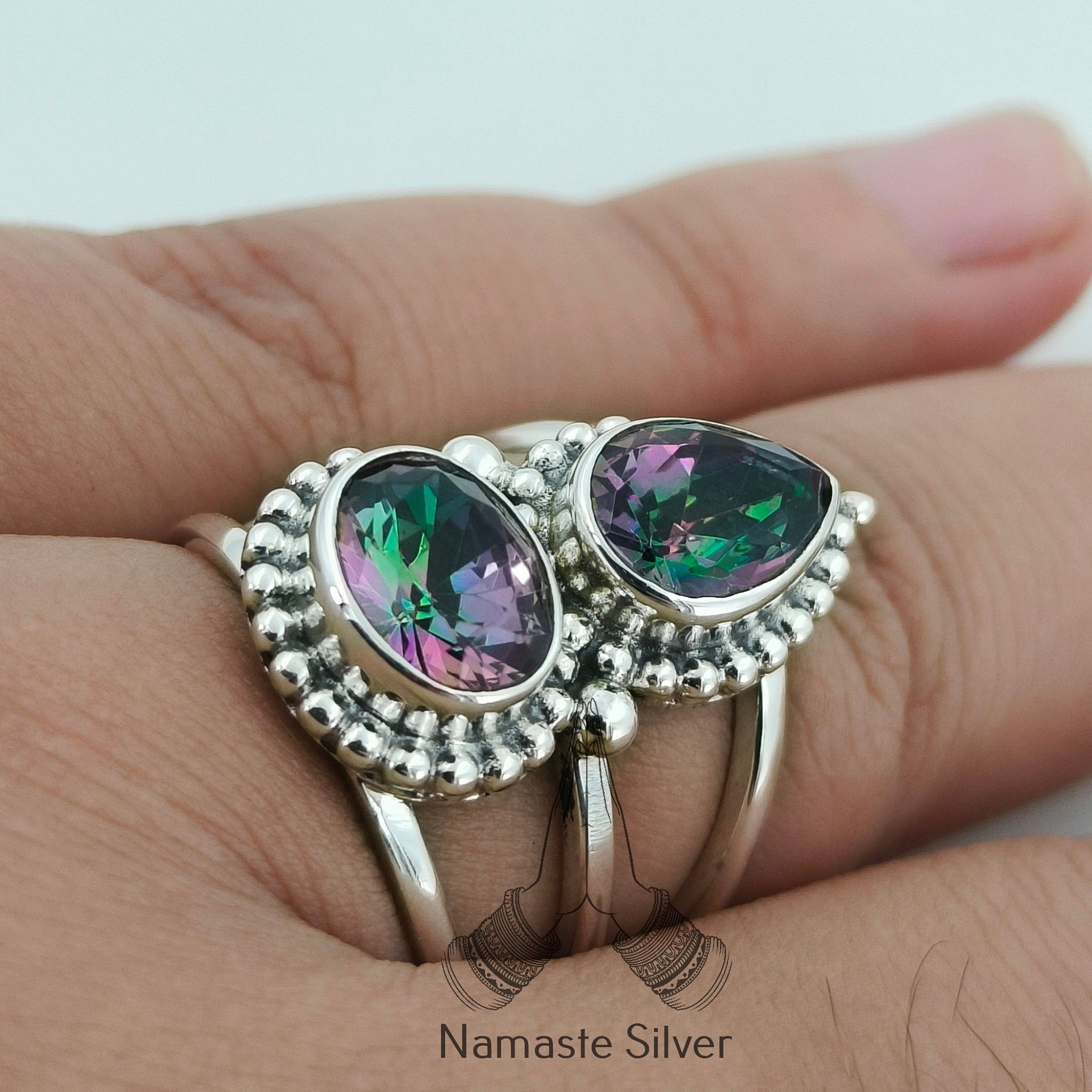 Mystic Topaz Sterling Silver Handmade Statement Women Ring; Dual Gemstone Gift for her Birthday Anniversary Christmas Valentine's Day