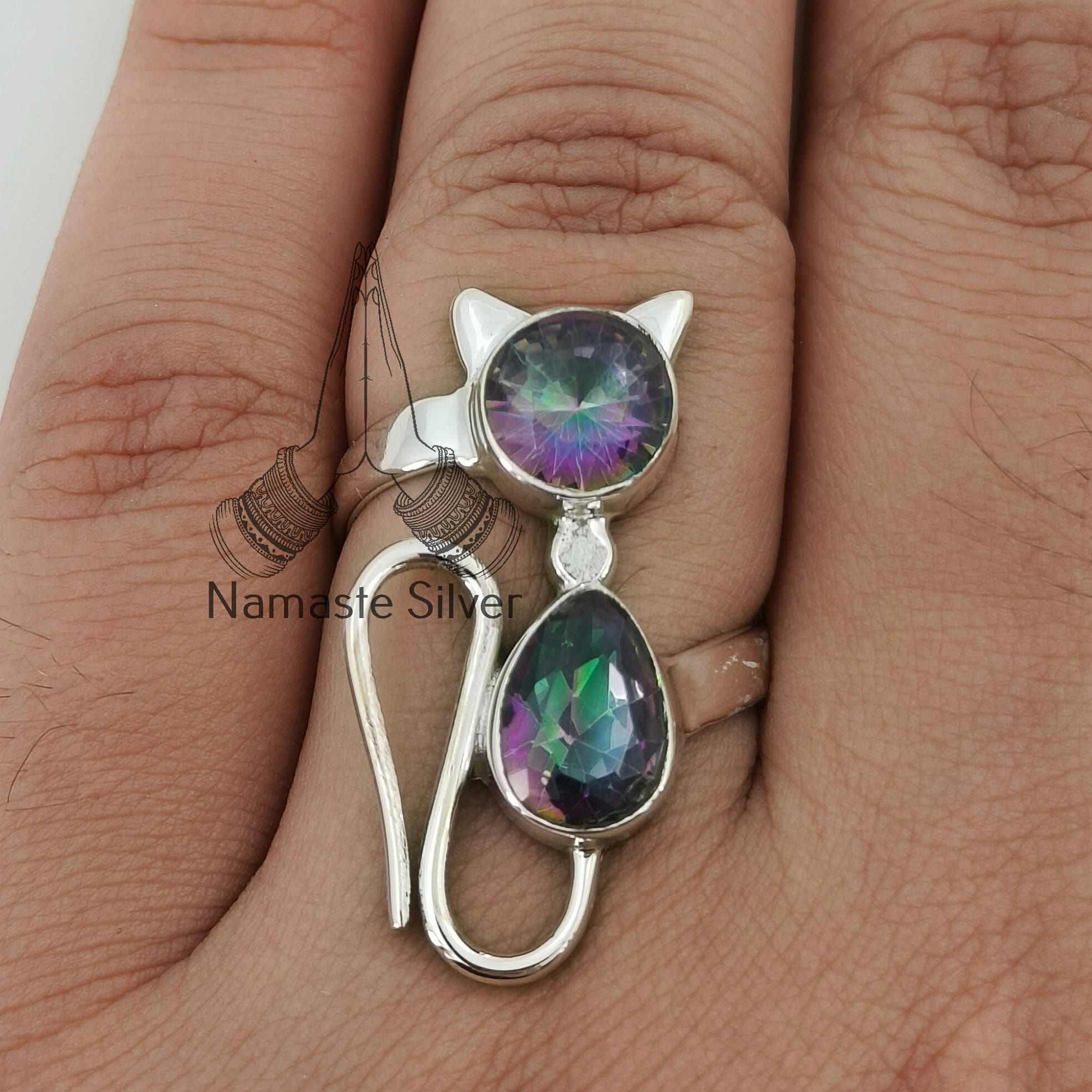 Mystic Topaz Sterling Silver Handmade Statement Cat Ring; Dual Gemstone Gift for her Birthday Anniversary Christmas Valentine's Day