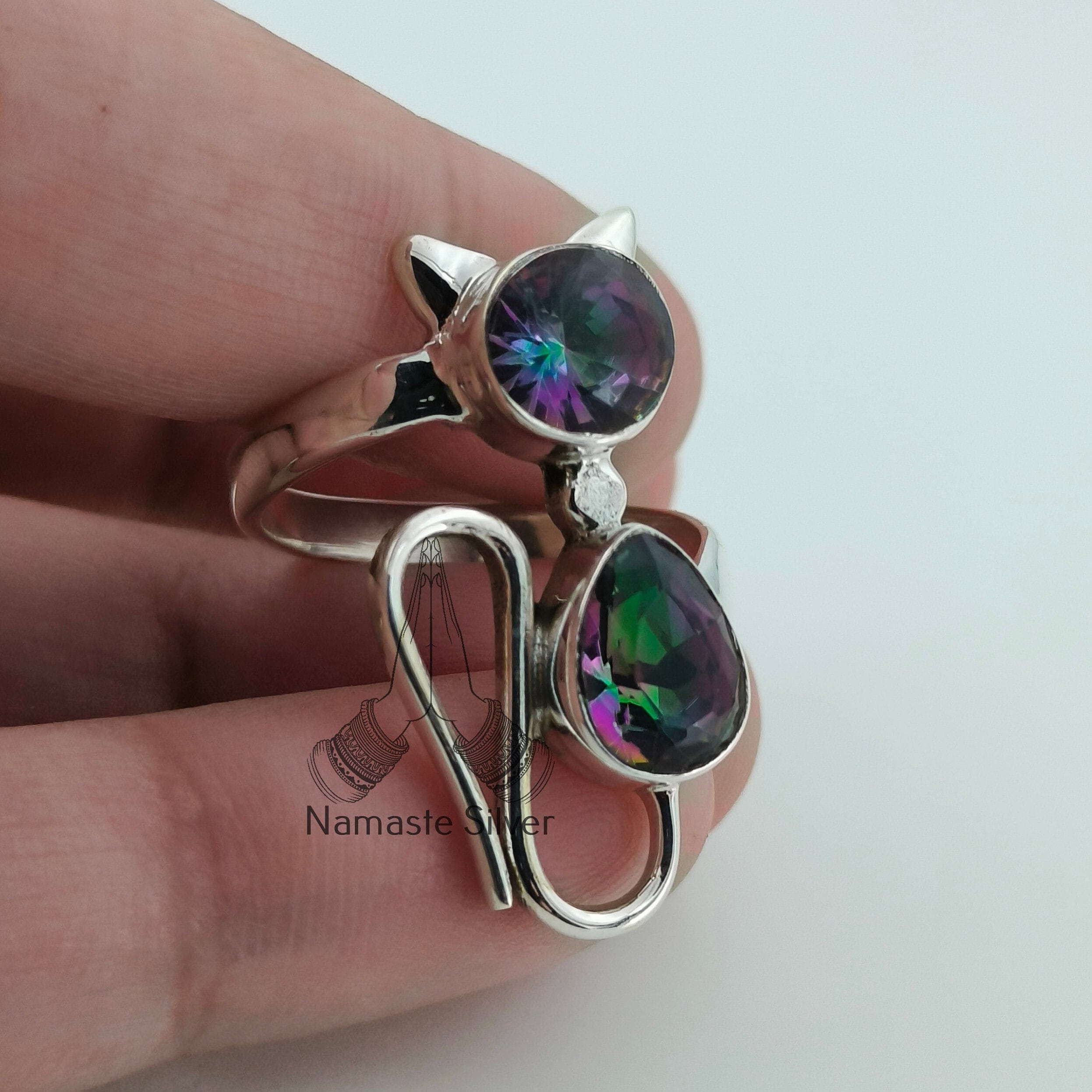 Mystic Topaz Sterling Silver Handmade Statement Cat Ring; Dual Gemstone Gift for her Birthday Anniversary Christmas Valentine's Day