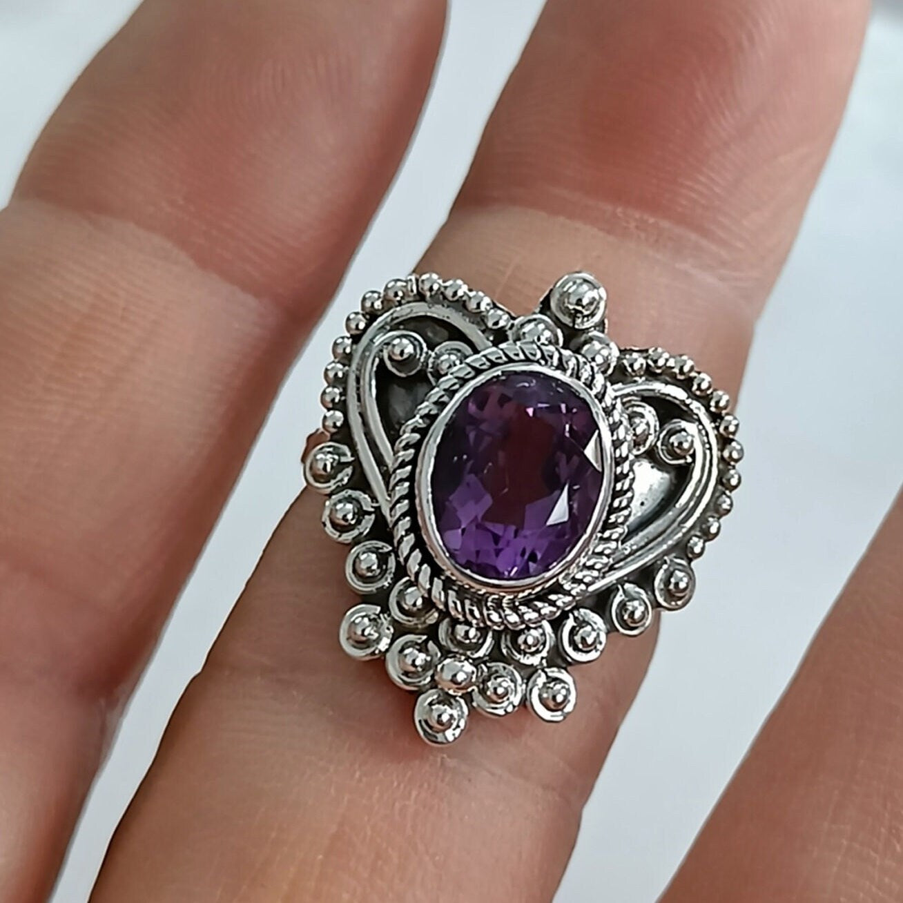 Natural Amethyst Silver Ring Sterling Silver Handmade Statement Heartshape Boho Ring Gift for Her Birthday Anniversary Christmas Valentine
