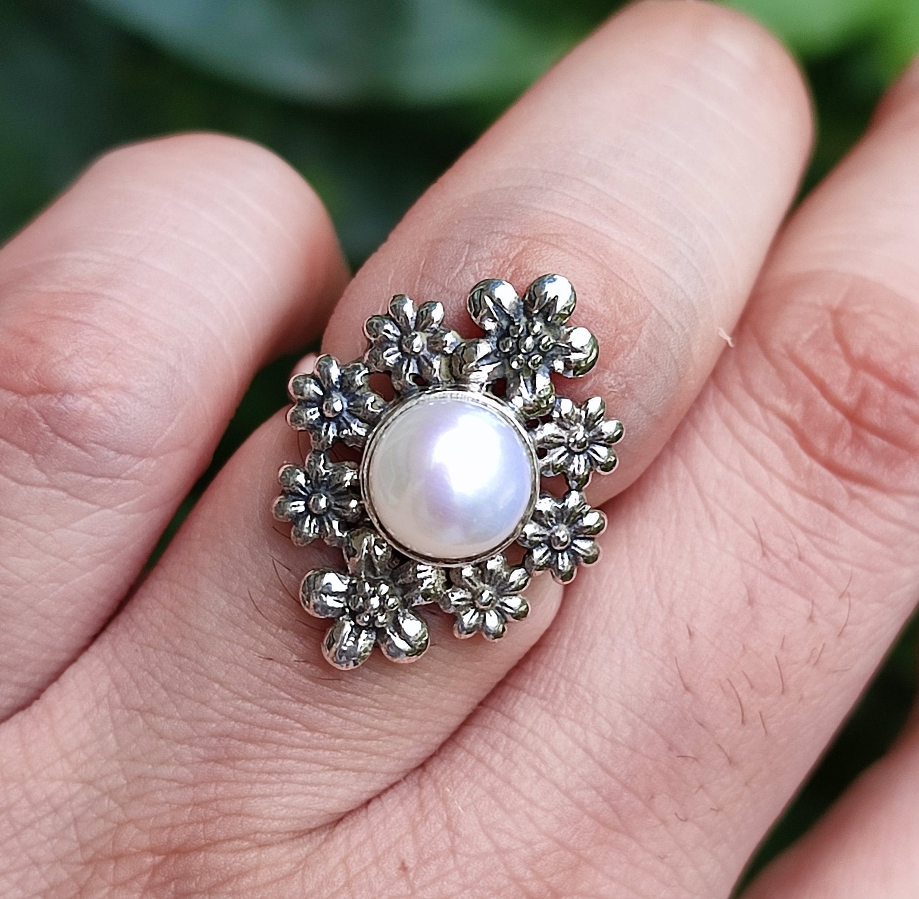 Pearl Sterling Silver Ring Handmade Statement Floral Boho Jewelry Gift for her Birthday Anniversary Christmas Valentine's Mother's Day