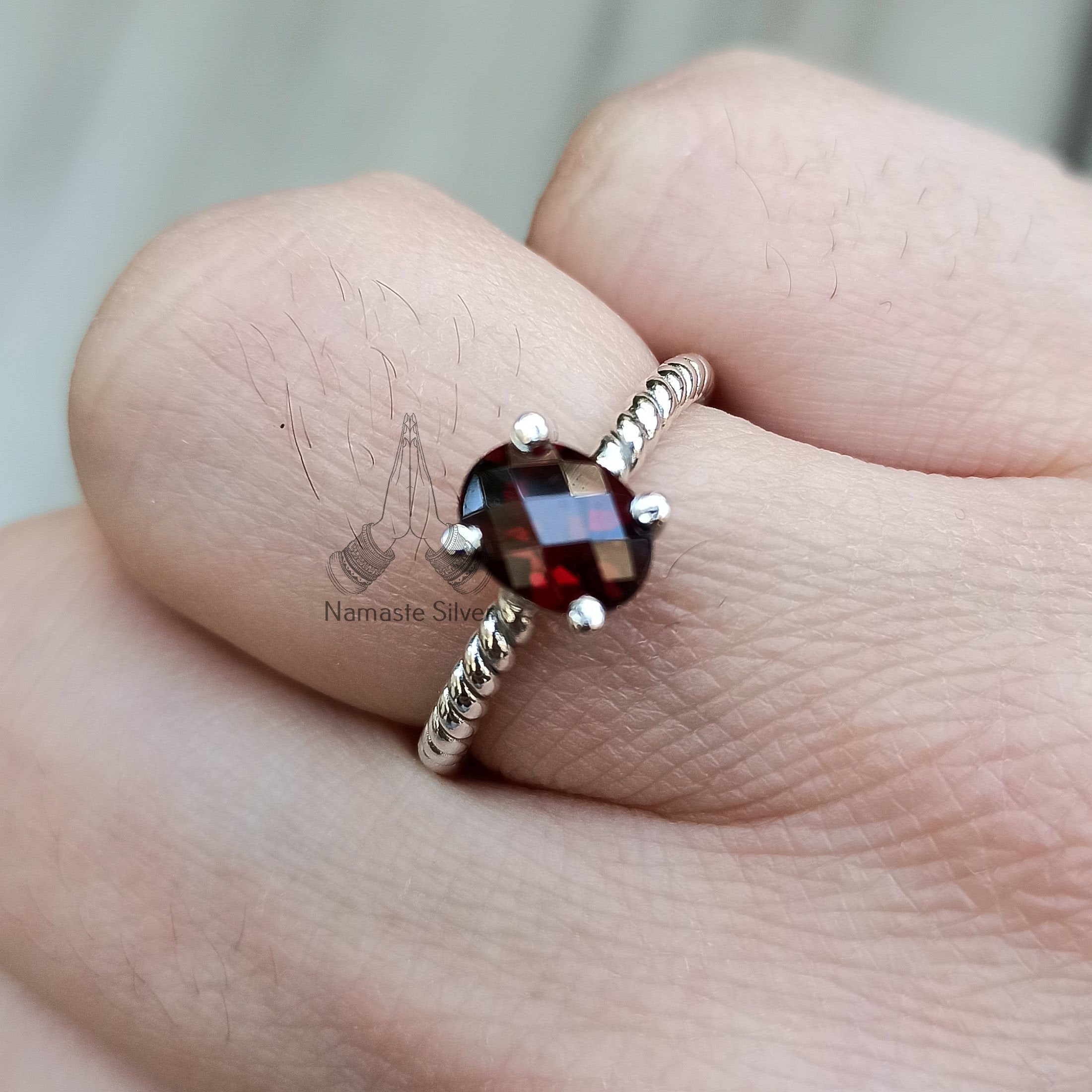 Garnet Sterling Silver Handmade Dainty Ring, Natural Gemstone Jewelry, Minimalist Boho Ring, Gifts for her Anniversary Birthday Wedding