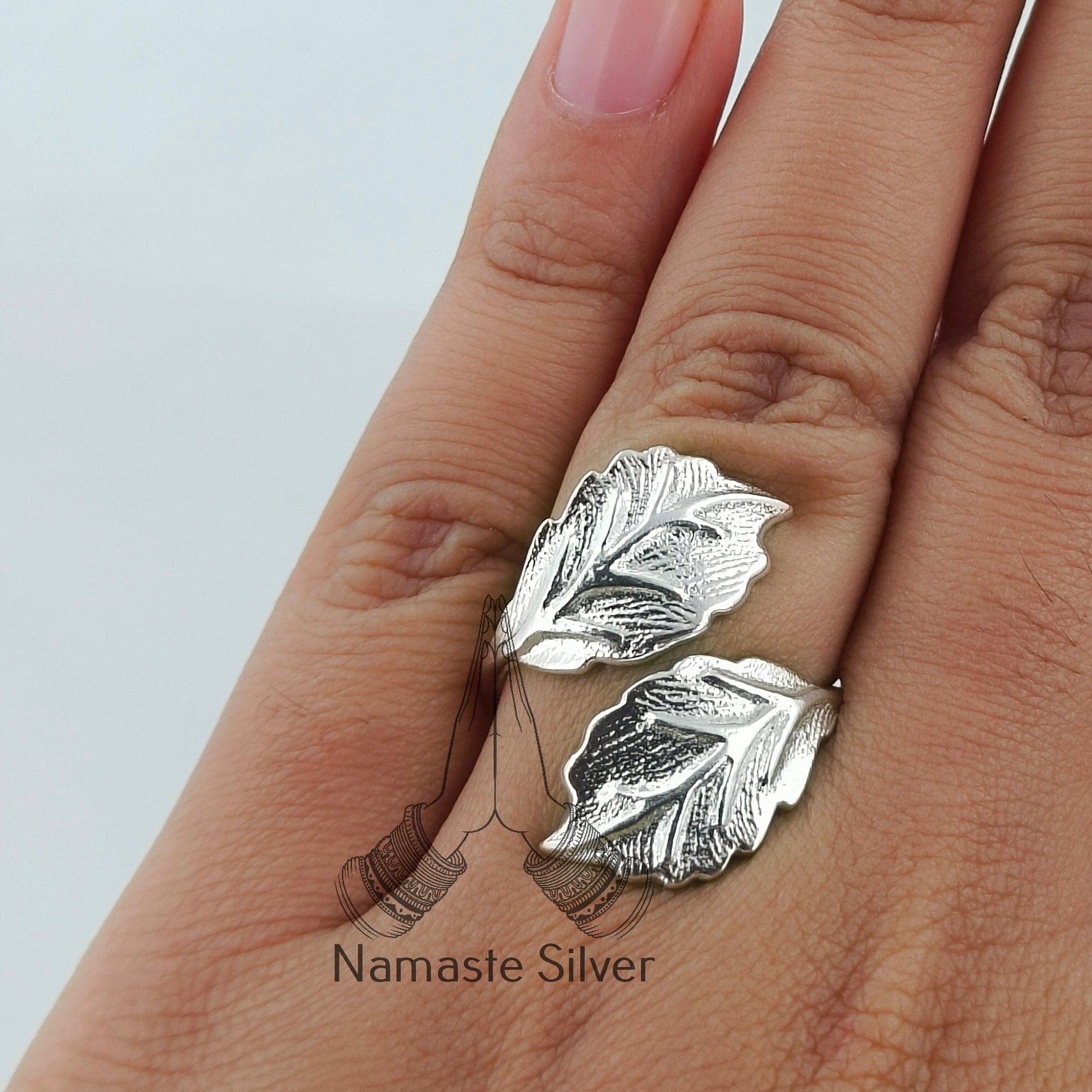 Dual Leaf sterling silver Ring Size Adjustable Handmade Statement Ring Plant Lover Gift for Her Birthday Anniversary Christmas Valentine Day