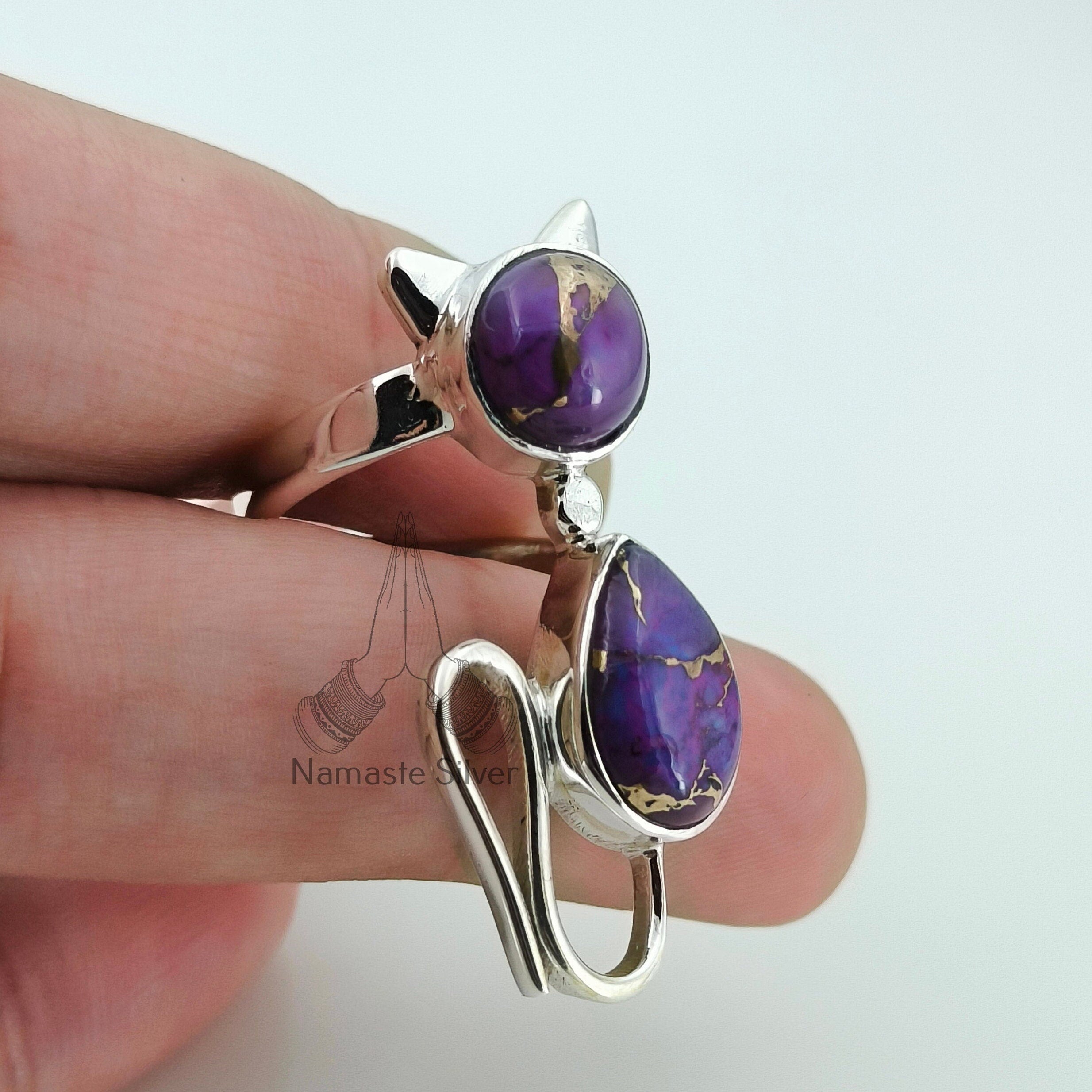 Purple Copper Turquoise Ring Sterling Silver Handmade Cat Ring for girl gift for her Birthday Anniversary Christmas Valentine's Day