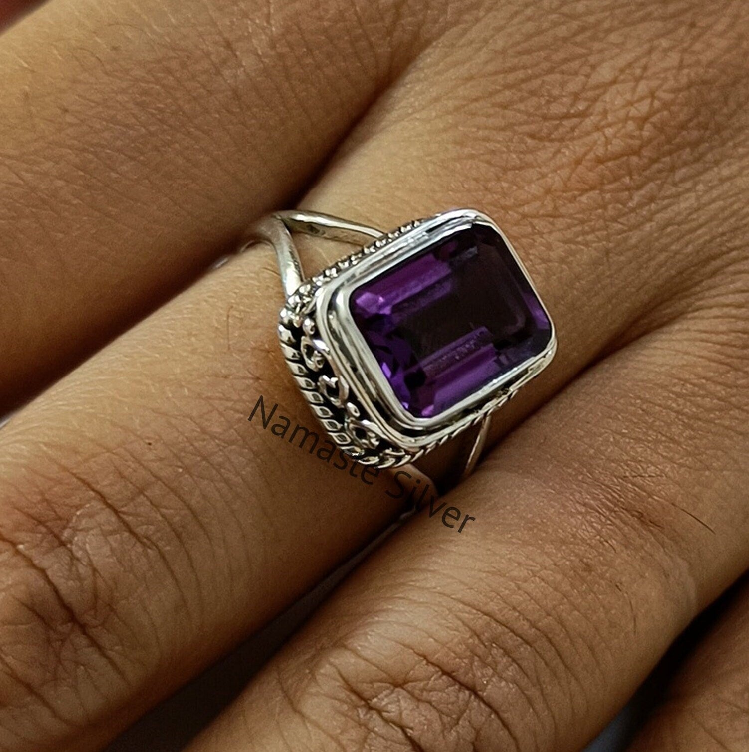 Natural Amethyst Octagon 925 Sterling Silver Handmade Women Ring, Purple Gemstone Ring, February Birthstone Ring, Boho Style, Gift for Her