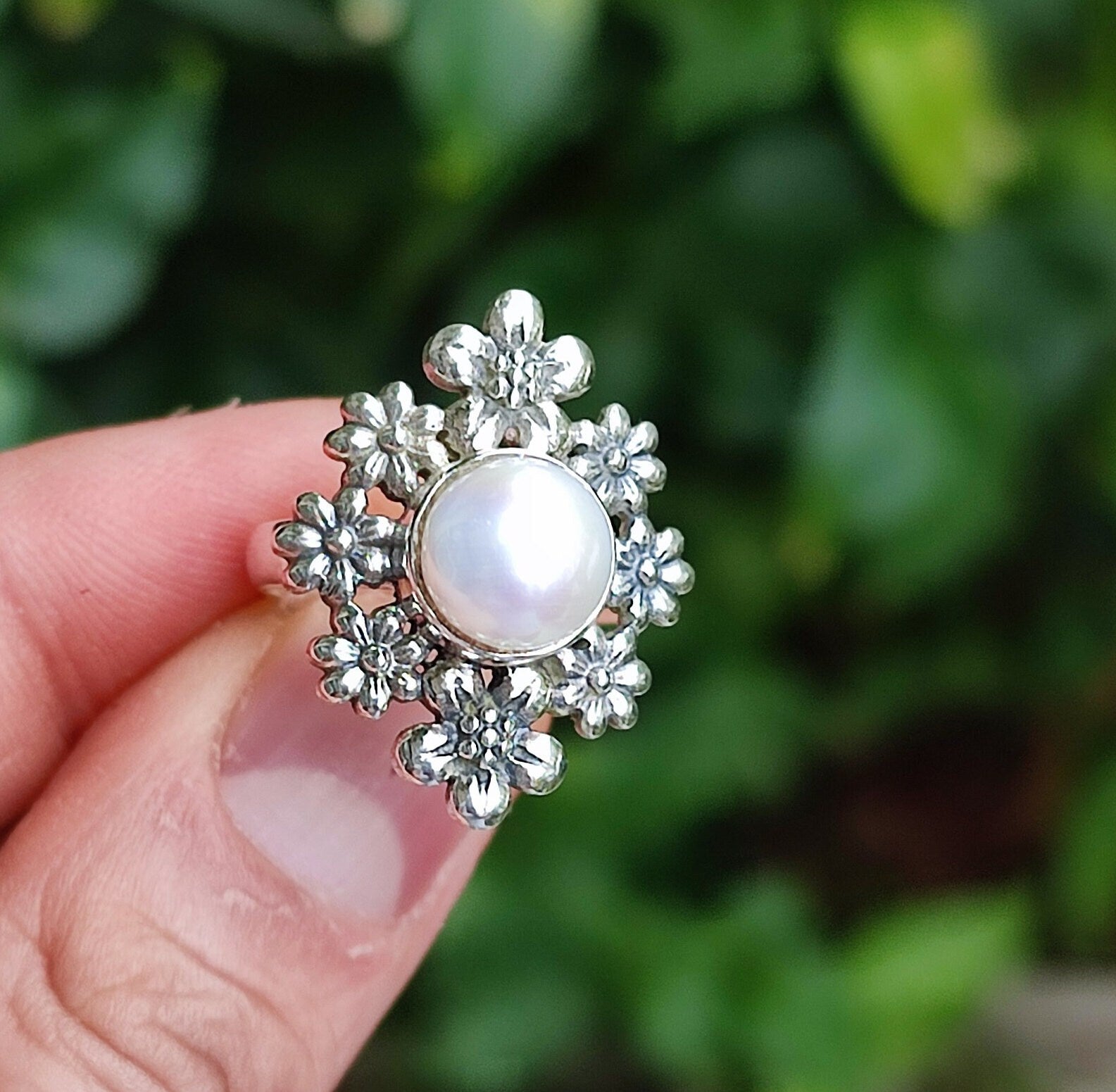 Pearl Sterling Silver Ring Handmade Statement Floral Boho Jewelry Gift for her Birthday Anniversary Christmas Valentine's Mother's Day