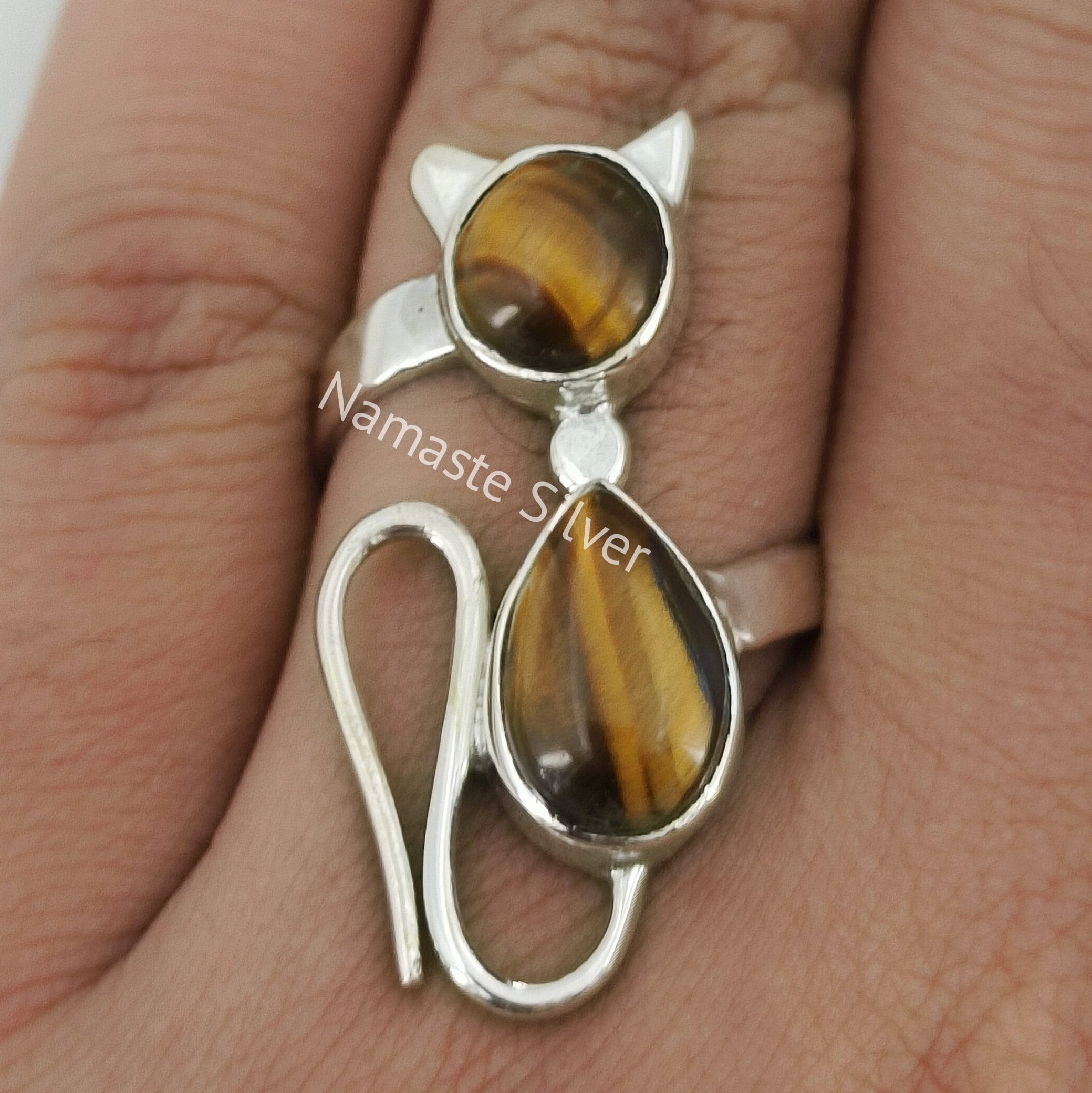 Tigers Eye Sterling Silver Cat Ring Handmade Statement Boho Jewelry Gift for her Birthday Anniversary Christmas Valentine's Mother's Day