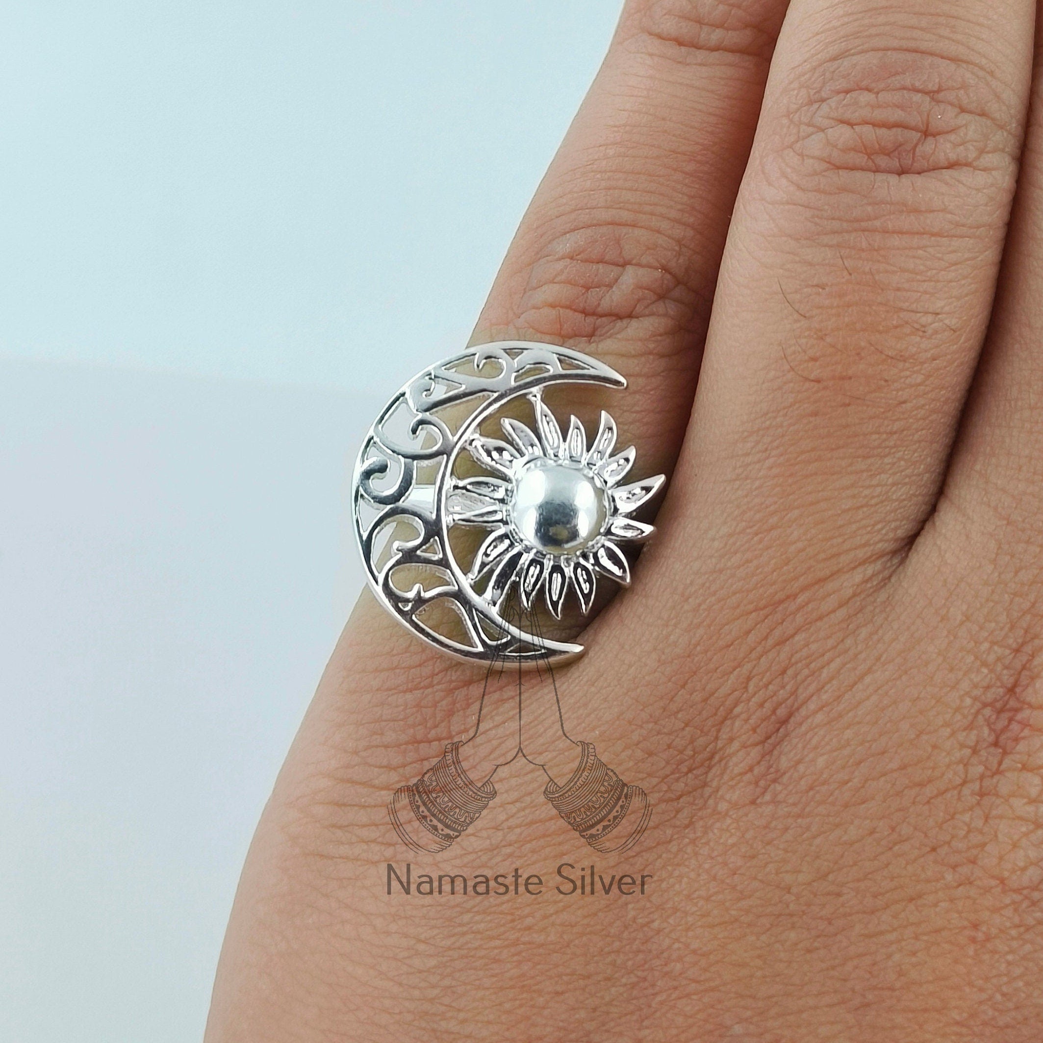 Silver Sun Moon Ring, 925 Sterling Silver Ring, Handmade Boho Jewelry, Crescent Moon Ring, Celestial Jewelry, Gift for Her, Celestial Ring