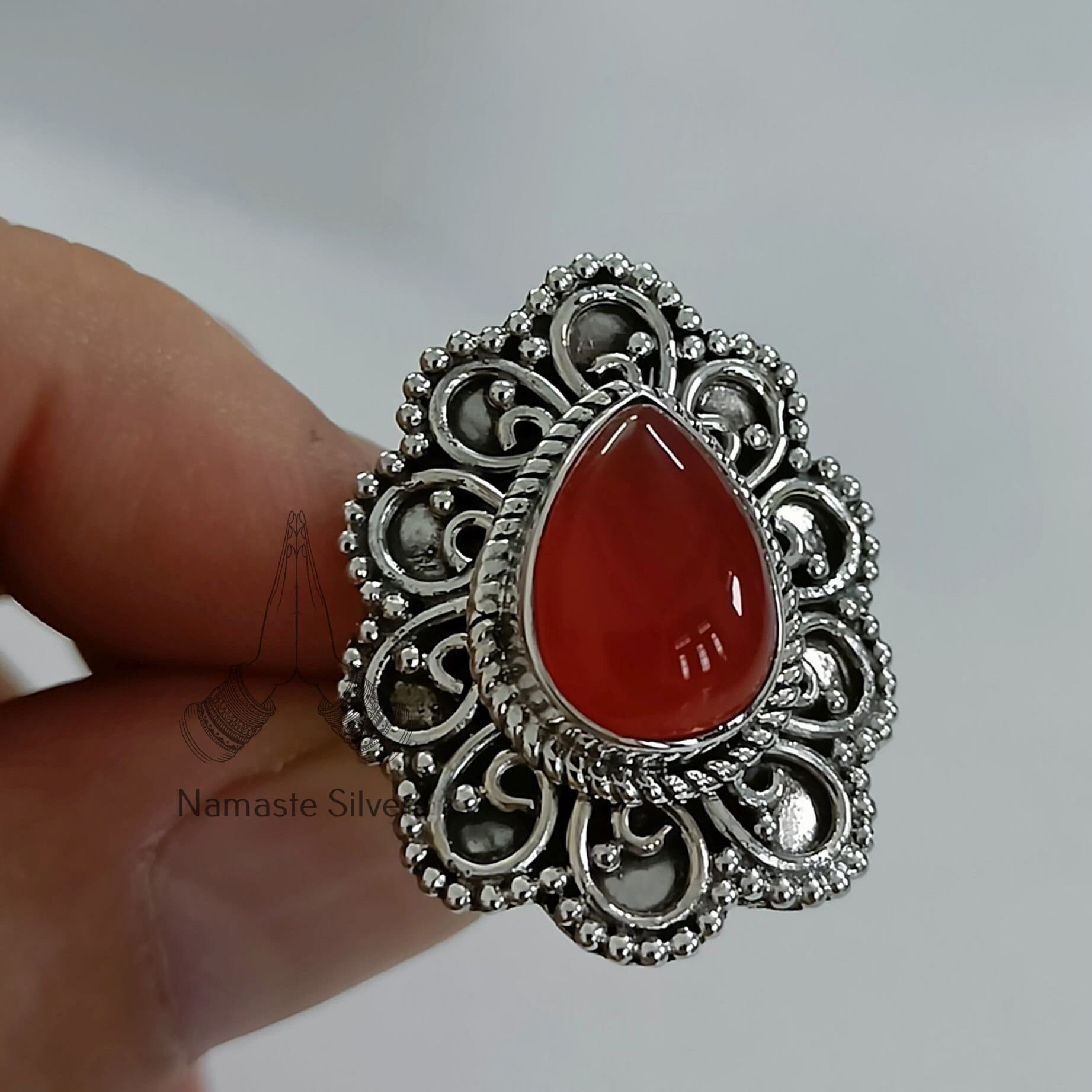 Carnelian Sterling Silver Handmade Statement Ring - Pearshape Gemstone, Boho Chic Jewelry, Perfect Gift for Her Birthday Anniversary