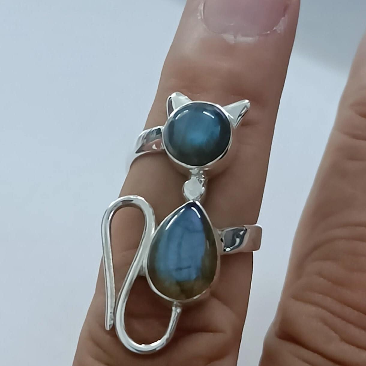 Natural Labradorite 925 Sterling Silver Handmade Gemstone Cat Ring for Women, Gift for her,
