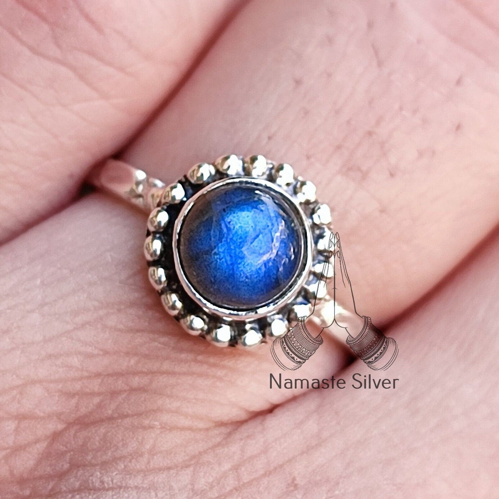 Natural Labradorite Silver Ring - Labradorite Ring - Labradorite Round Sterling Silver Handmade Gemstone Jewelry - Gift for Her Birthday