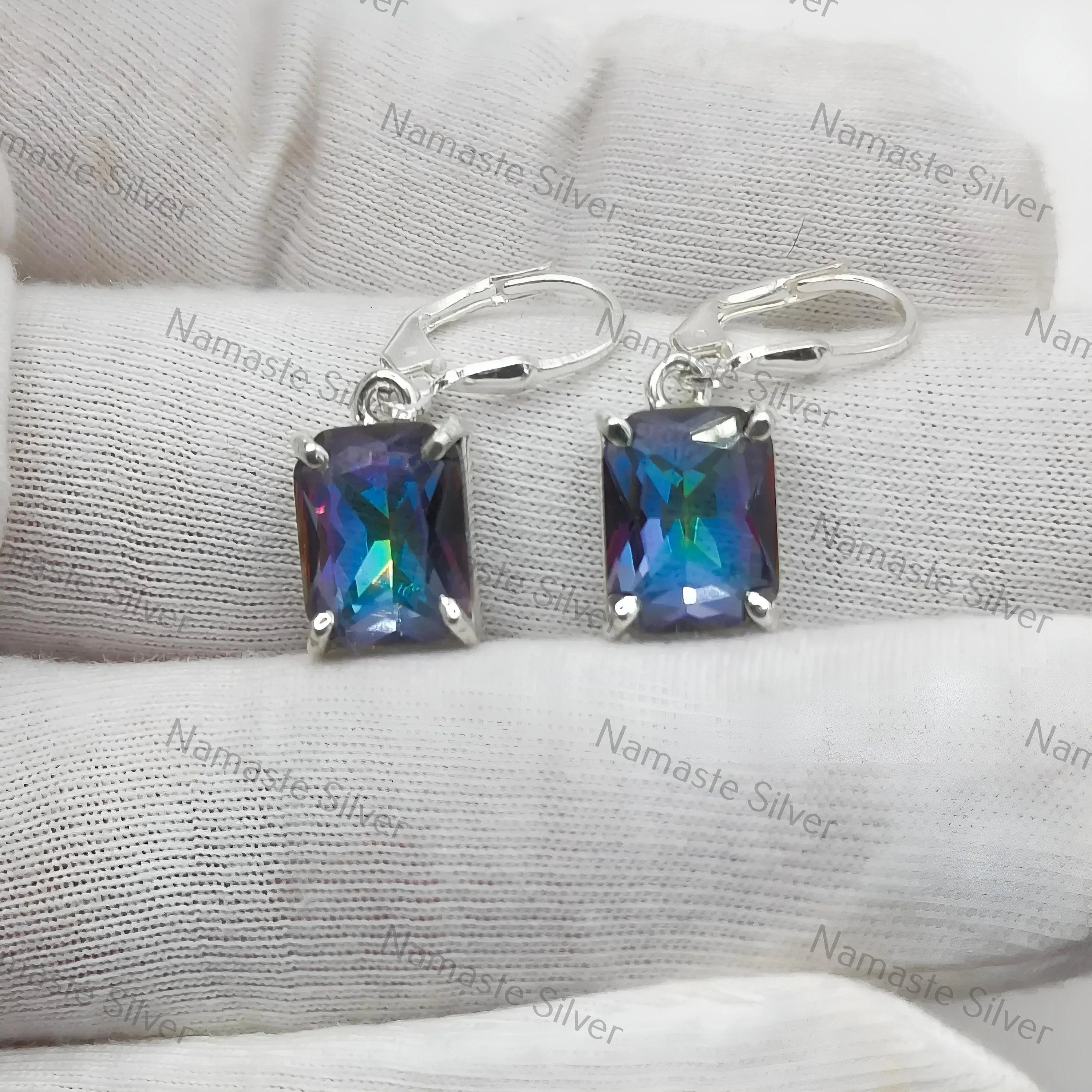 Aurora Mystic Topaz Earrings, Handmade 925 Sterling Silver Dangle Earrings, Octagon Gemstone Jewelry, November Birthstone, Gift For Her