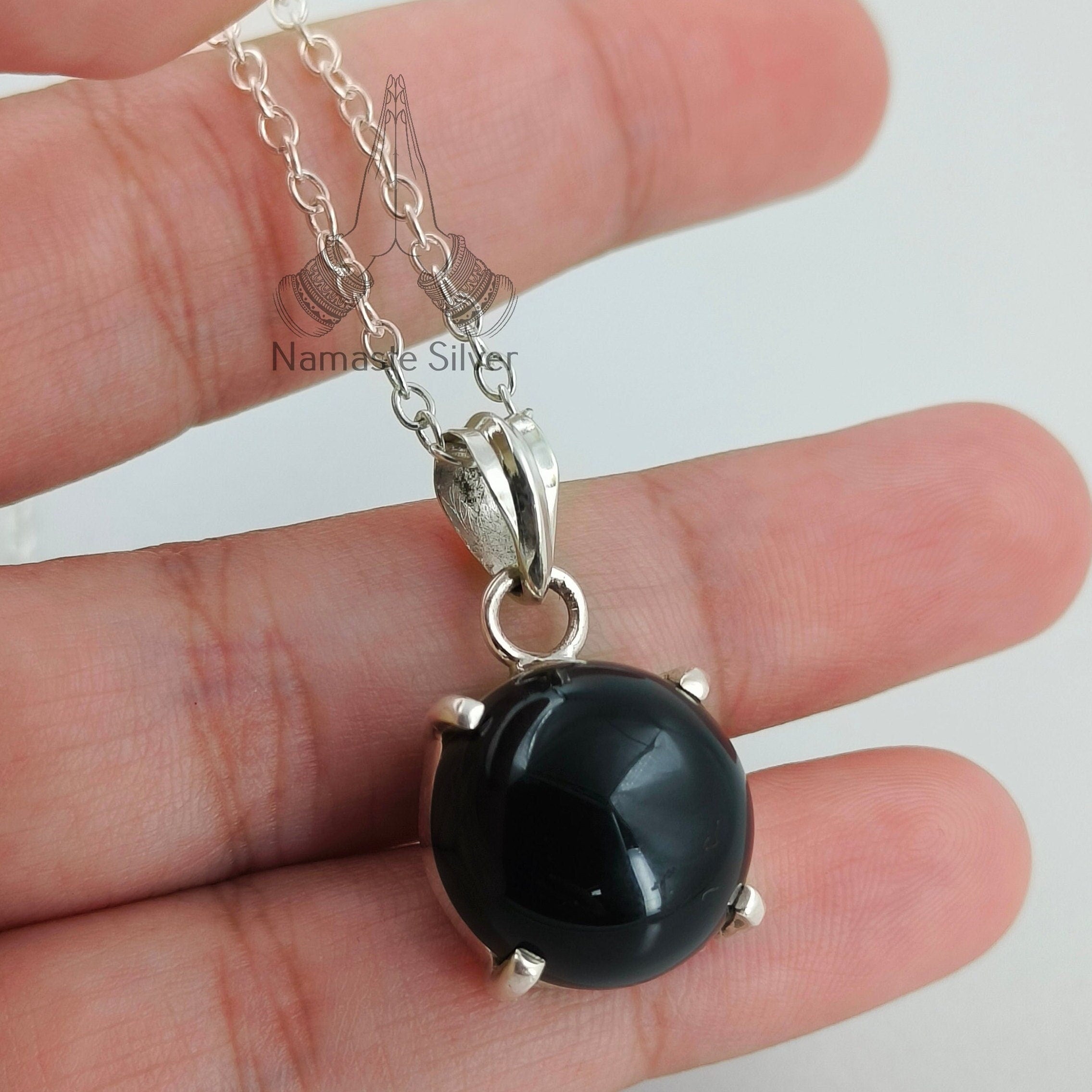 Black Onyx Necklace, Handmade 925 Sterling Silver Pendant, Natural Round Black Gemstone Jewelry, July Birthstone, Gift for her Birthday