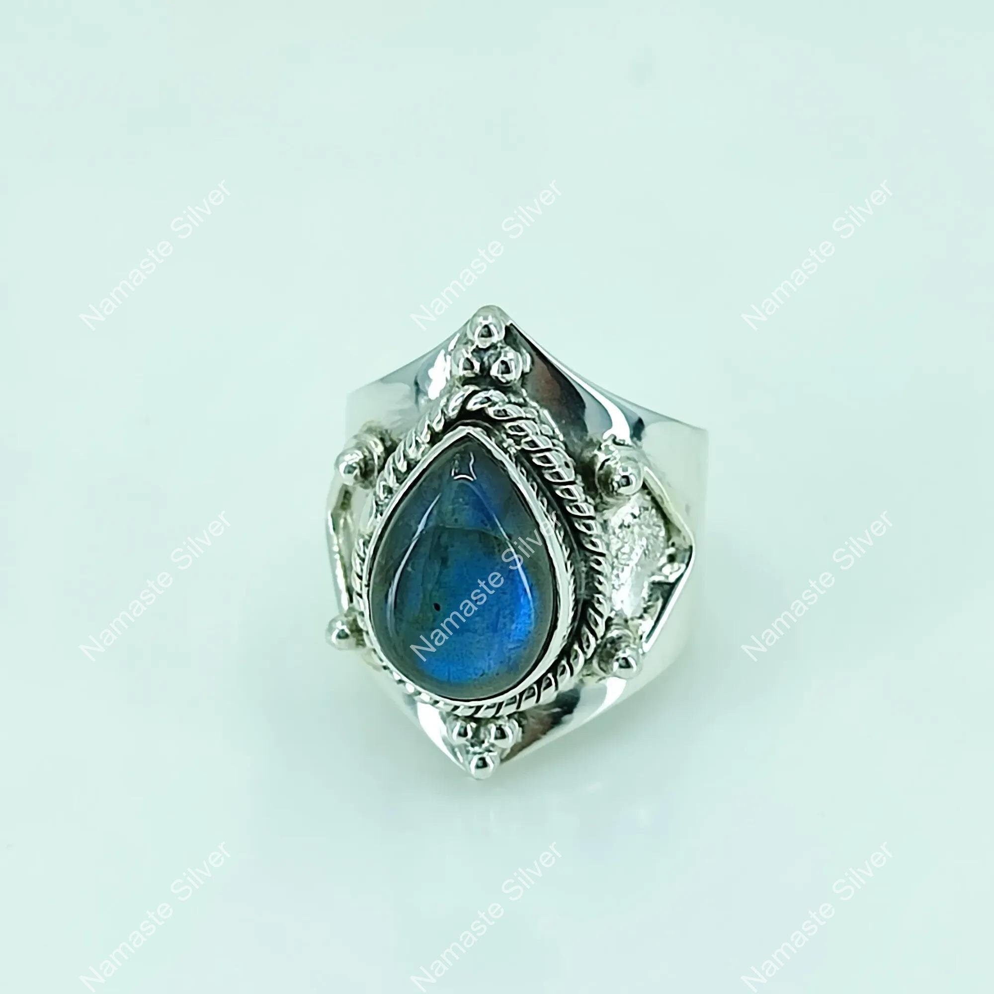 Labradorite Ring, 925 Sterling Silver Statement Promise Ring, Natural Labradorite Pear Shape Gemstone Handmade Jewelry, Unique Gift For Her