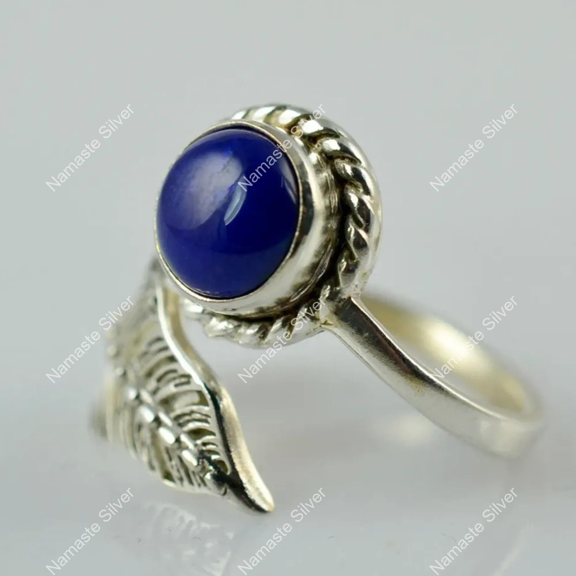 Lapis Lazuli Leaf Ring, 925 Sterling Silver Handmade Jewelry, Natural Blue Round Gemstone Promise Ring, September Birthstone, Gift for Her