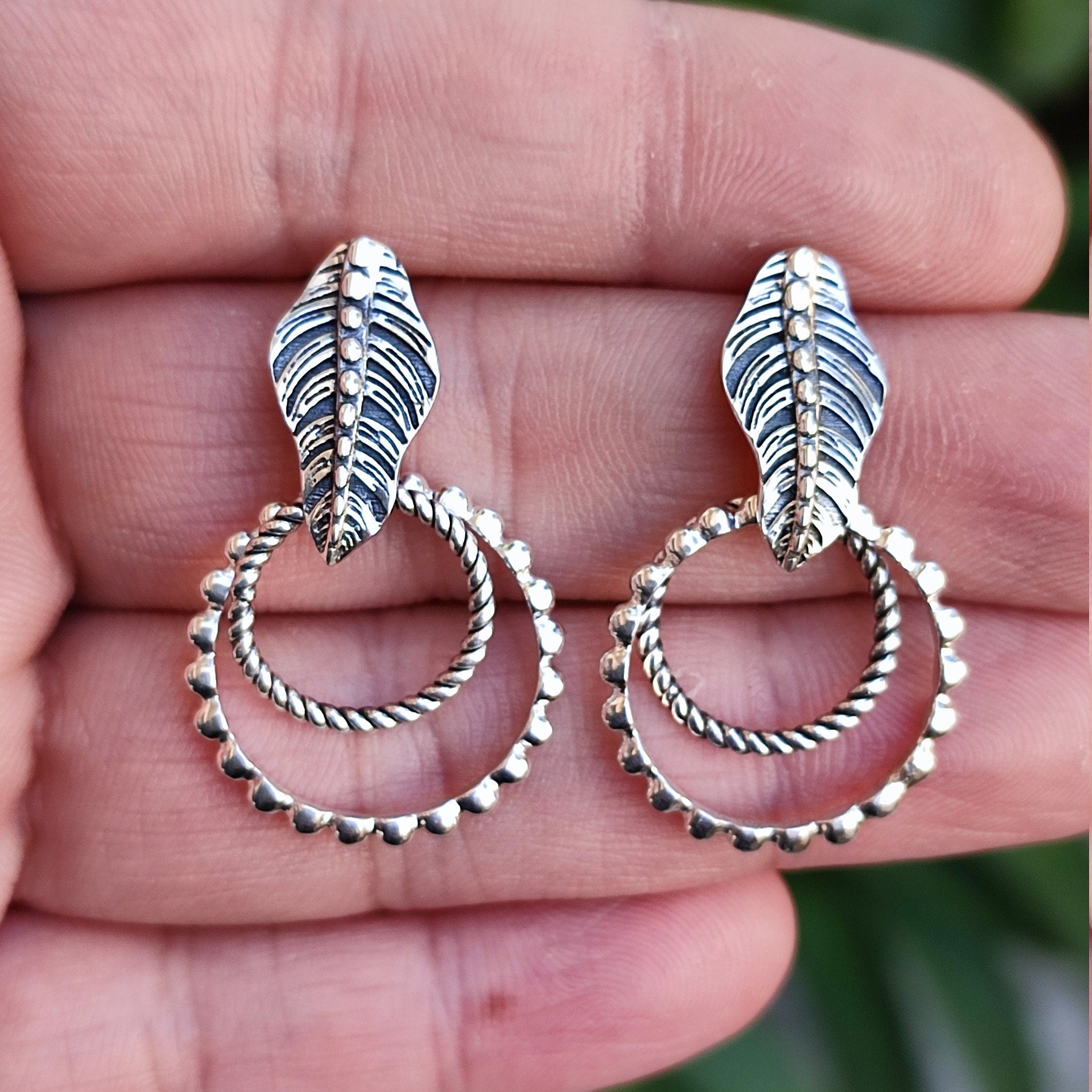 Leaf Earrings, 925 Sterling Silver Dangle Earrings, Nature-inspired leaf Handmade Boho Jewelry, Double Hoop Earrings, Unique Gift For Her
