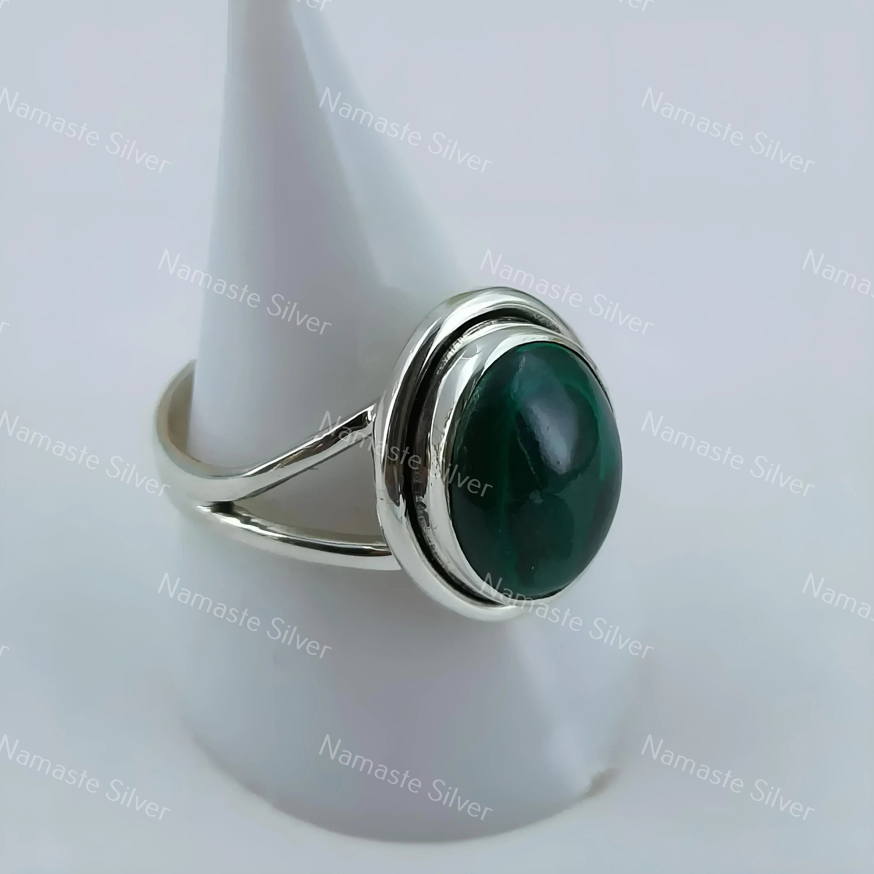 Malachite Ring, 925 Sterling Silver Statement Promise Ring, Natural Green Gemstone Oval Handmade Jewelry, April Birthstone, Gift For Her