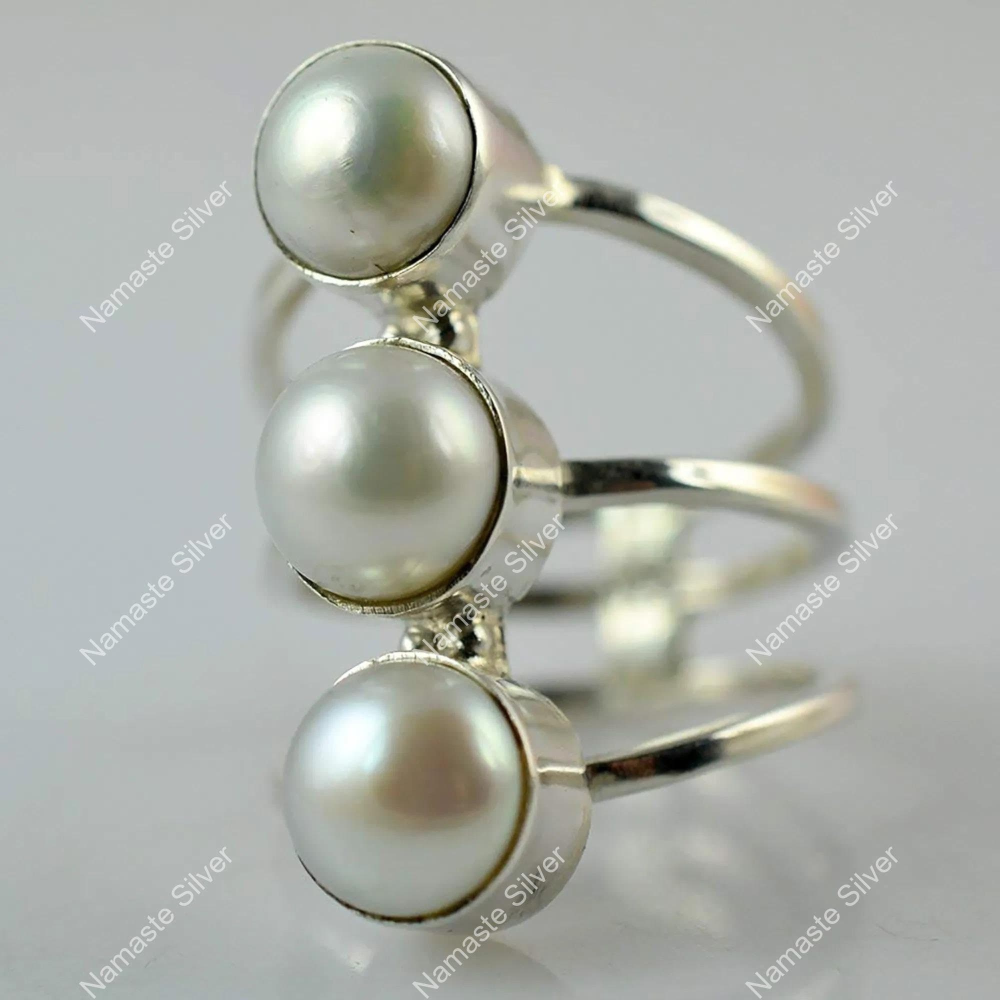 Freshwater Triple Pearl Ring, 925 Sterling Silver Statement Promise Ring, Pearl Handmade Boho Jewelry, June Birthstone, Unique Gift For Her