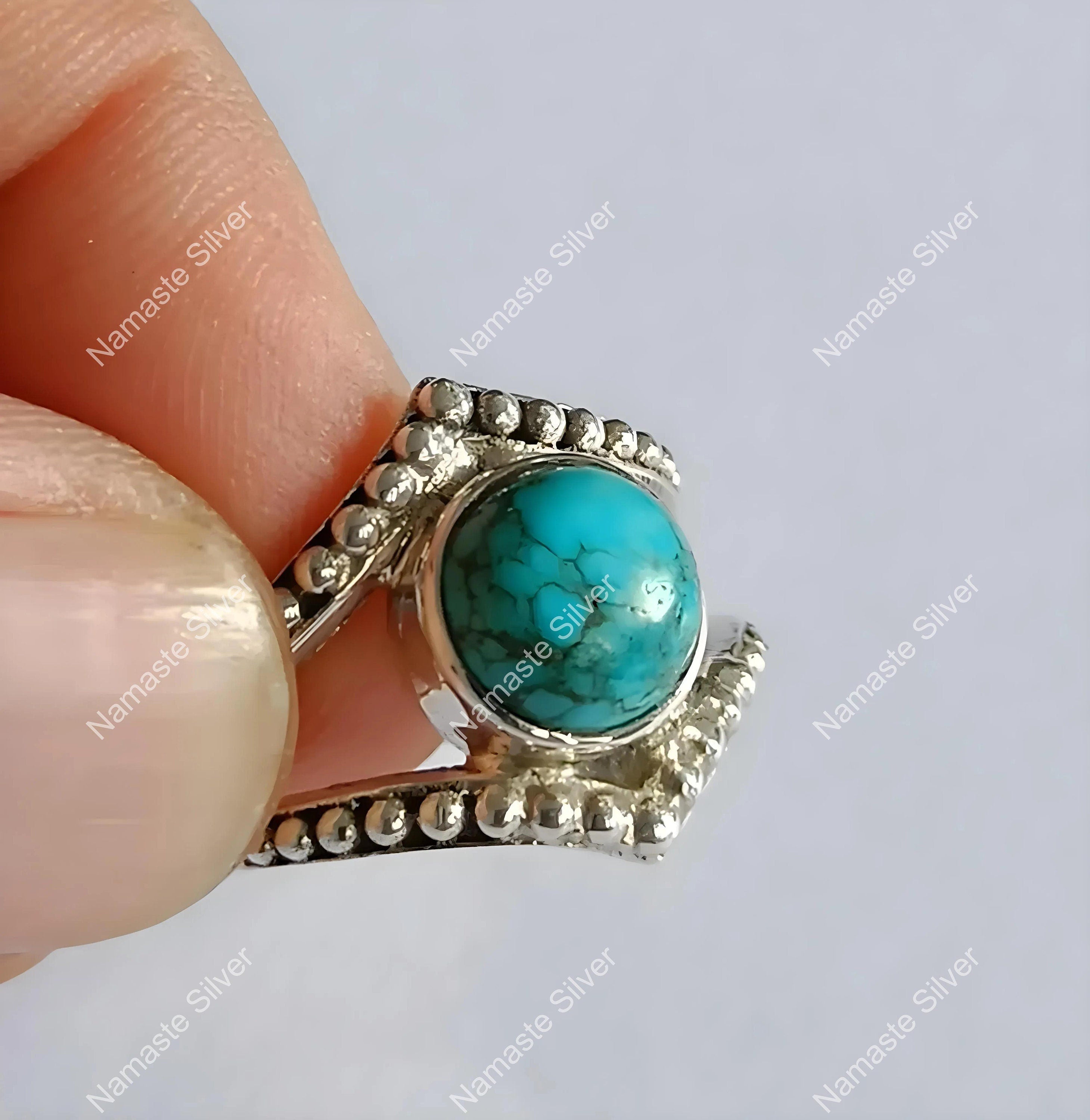 Turquoise Ring, 925 Sterling Silver Promise Ring, Natural Blue Turquoise Round Gemstone Handmade Jewelry, December Birthstone, Gift For Her