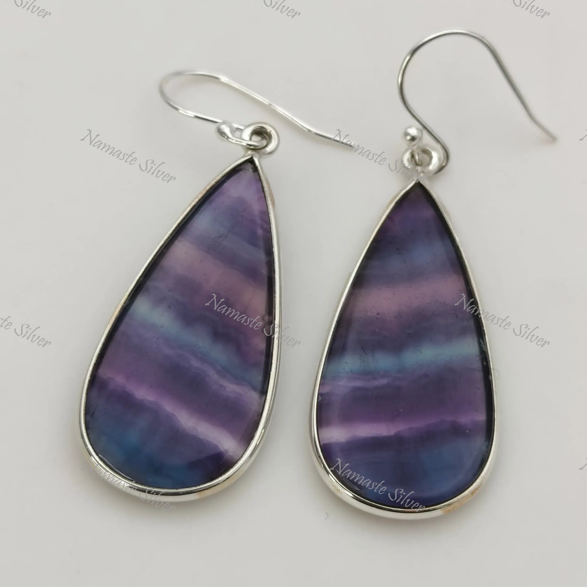 Fluorite Earrings, 925 Sterling Silver Dangle Drop Bezel Earrings, Natural Fluorite Pear Shape Handmade Boho Jewelry, Unique Gift For Her