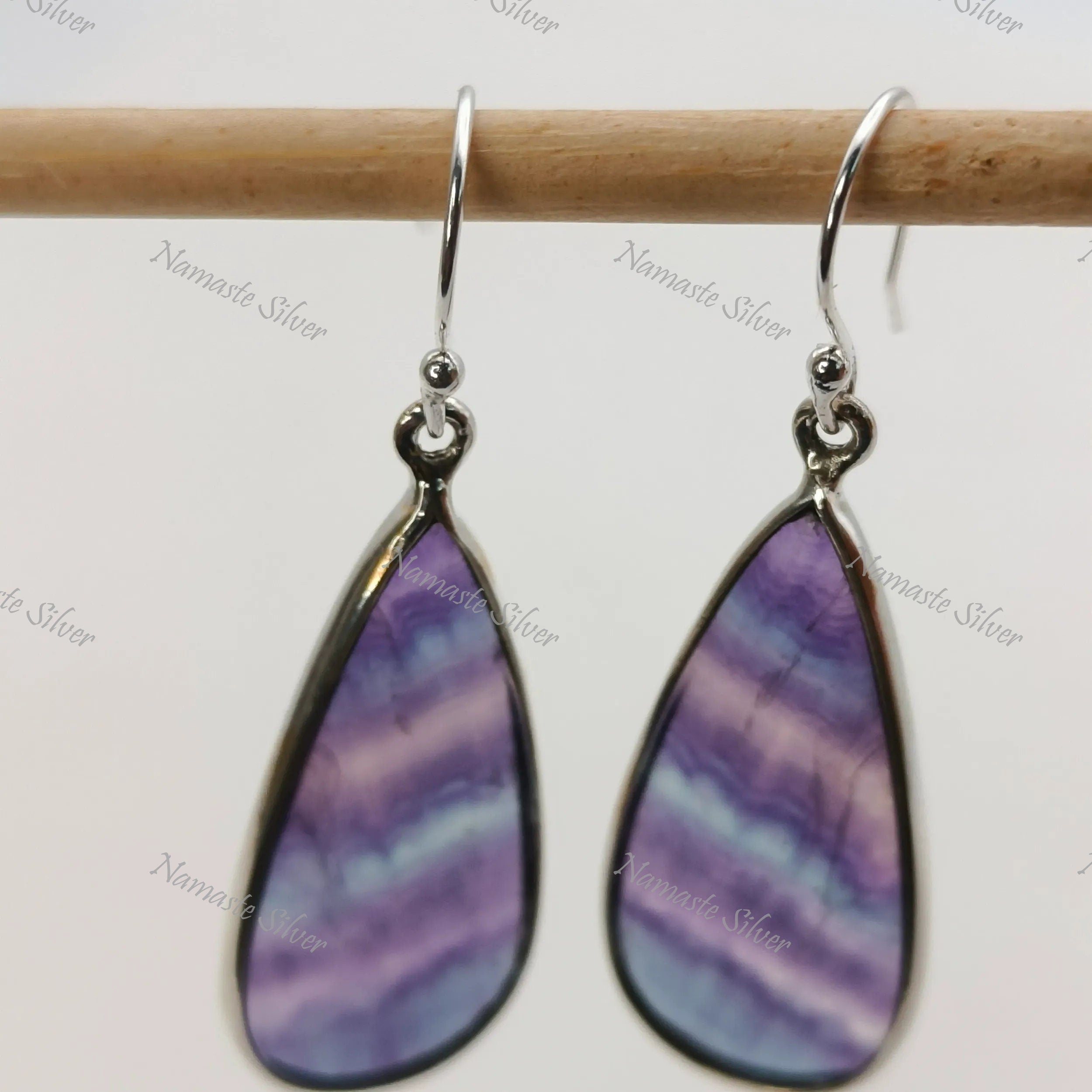Fluorite Earrings, 925 Sterling Silver Dangle Drop Bezel Earrings, Natural Fluorite Pear Shape Handmade Boho Jewelry, Unique Gift For Her