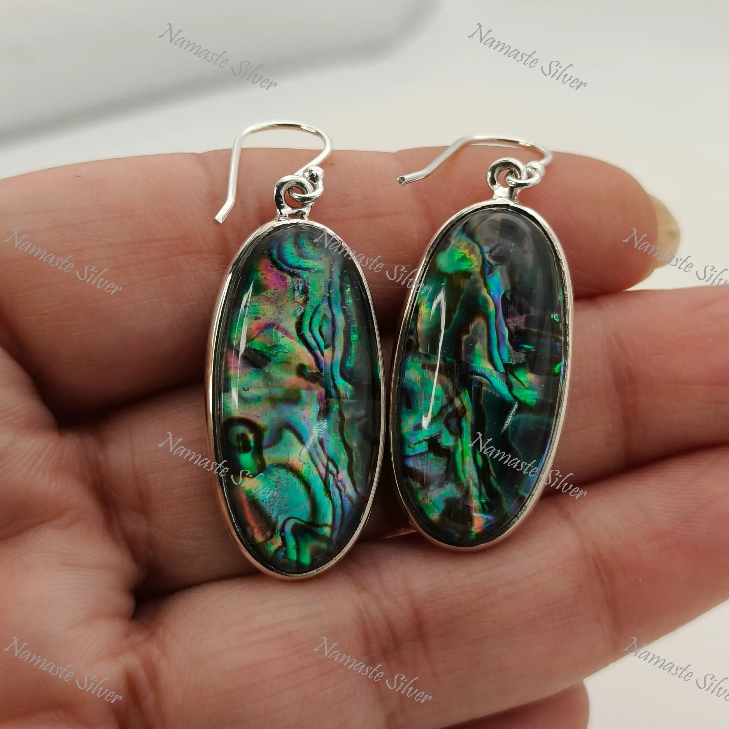 Abalone Shell Earrings, 925 Sterling Silver Dangle Drop Earrings, Natural Abalone Oval Doublet Handmade Jewelry, Blue Paua Shell Earrings